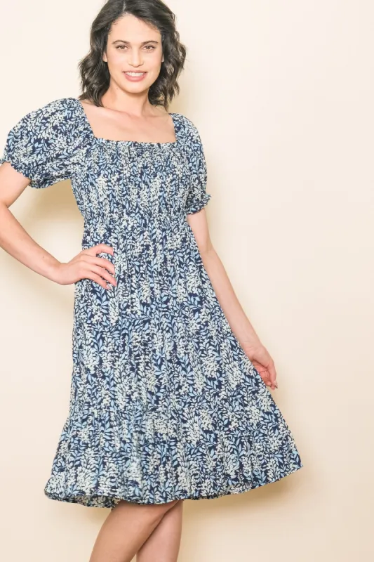 Navy Blue Floral Puff Sleeve Smocked Chest Dress sold by Pinkblush