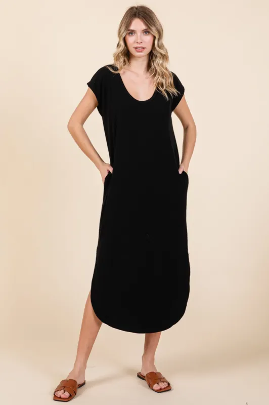 Black Rib Knit Scoop Neck Midi Dress sold by Pinkblush