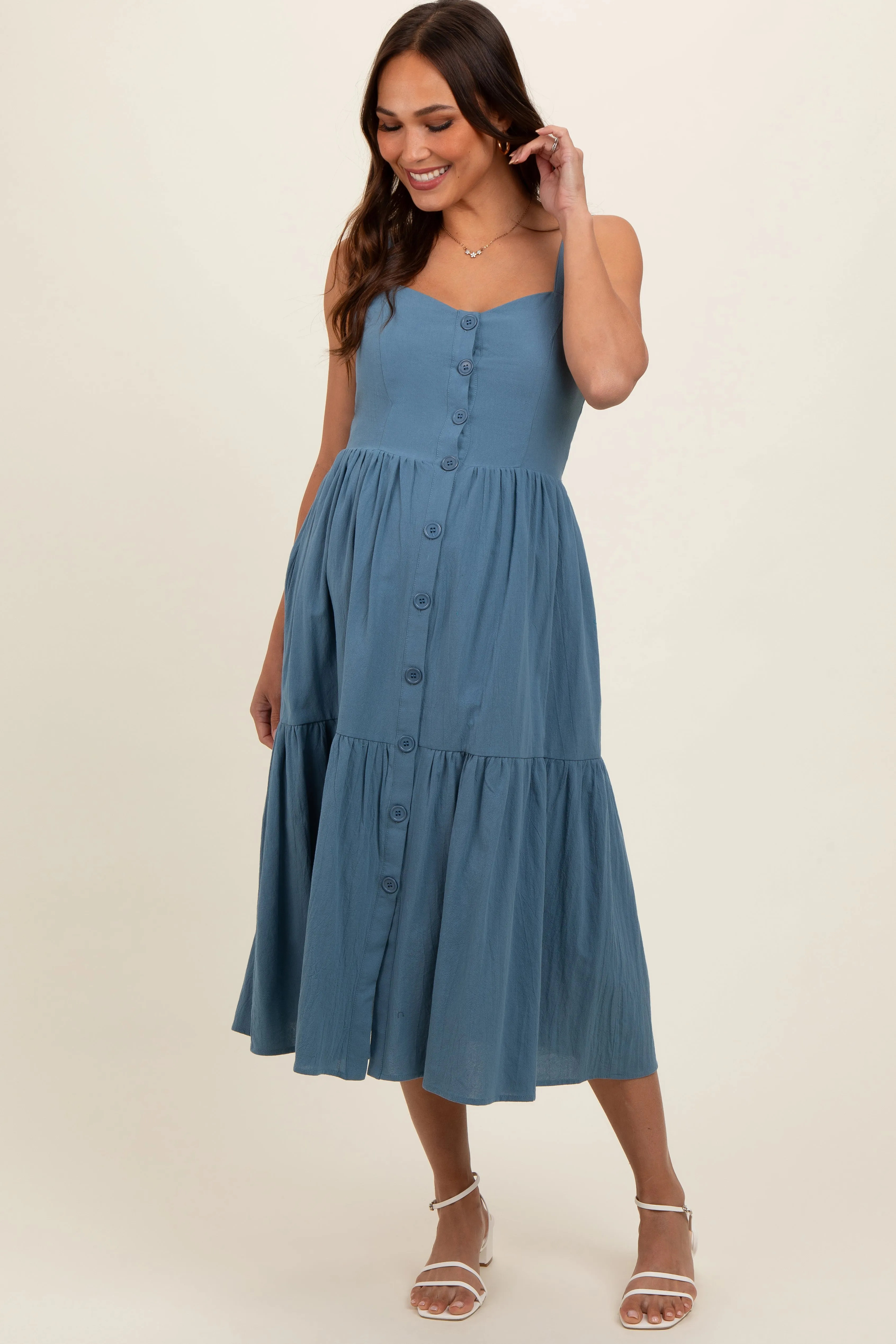 Blue Sweetheart Neck Button Front Tiered Maternity Midi Dress sold by Pinkblush product image thumbnail 3
