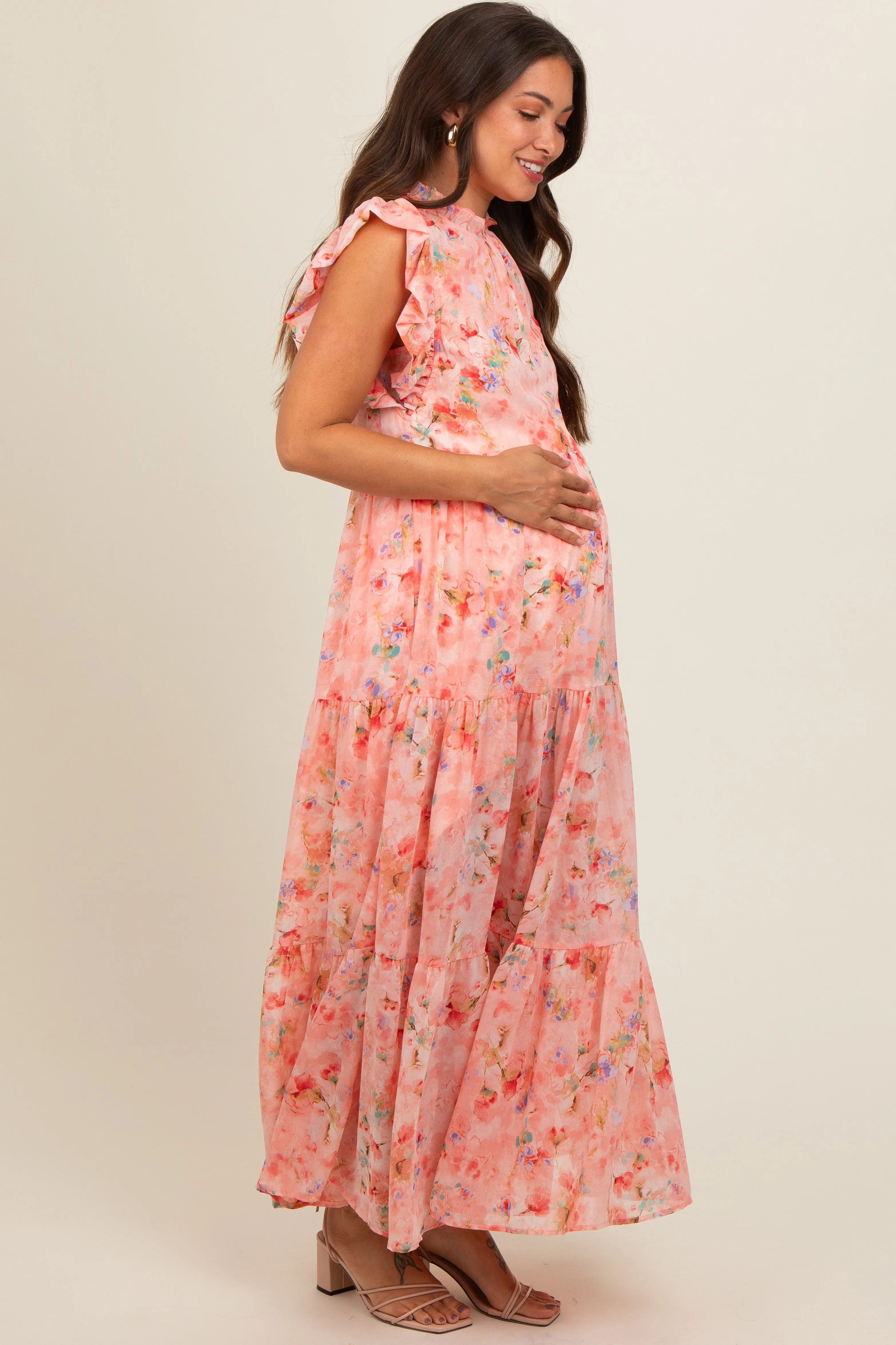 Peach Floral Chiffon Ruffle Shoulder Tiered Maternity Maxi Dress sold by Pinkblush product image thumbnail 2