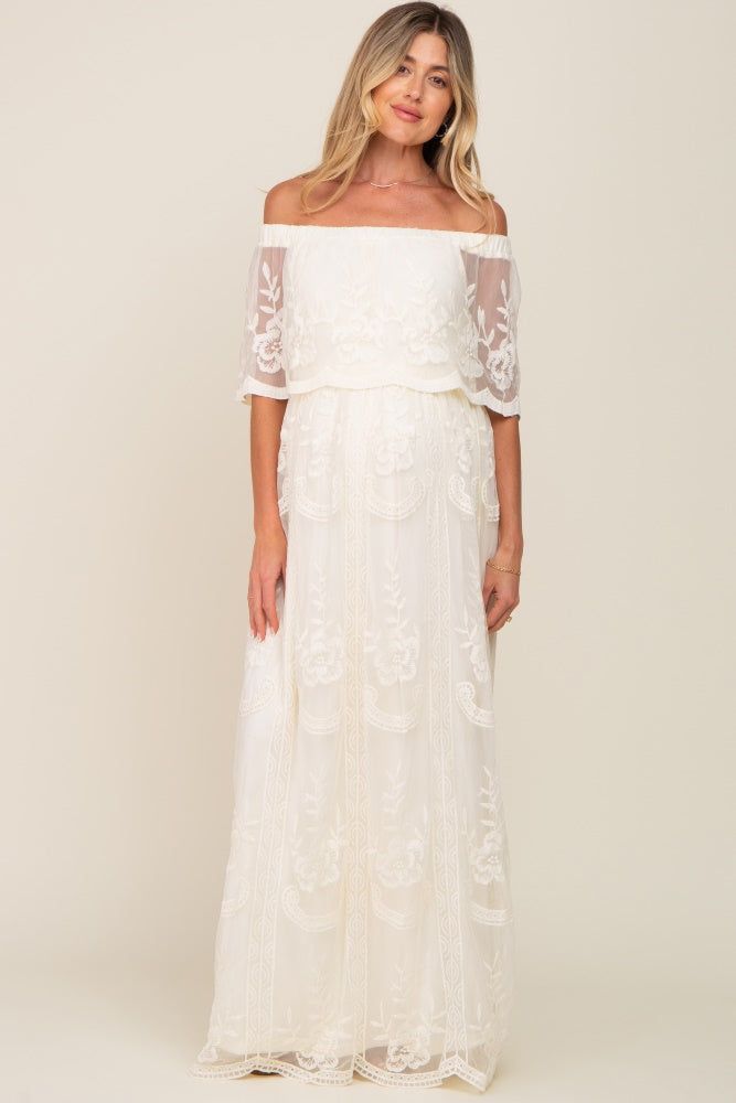 Cream Lace Mesh Overlay Off Shoulder Maternity Maxi Dress sold by Pinkblush product image thumbnail 4