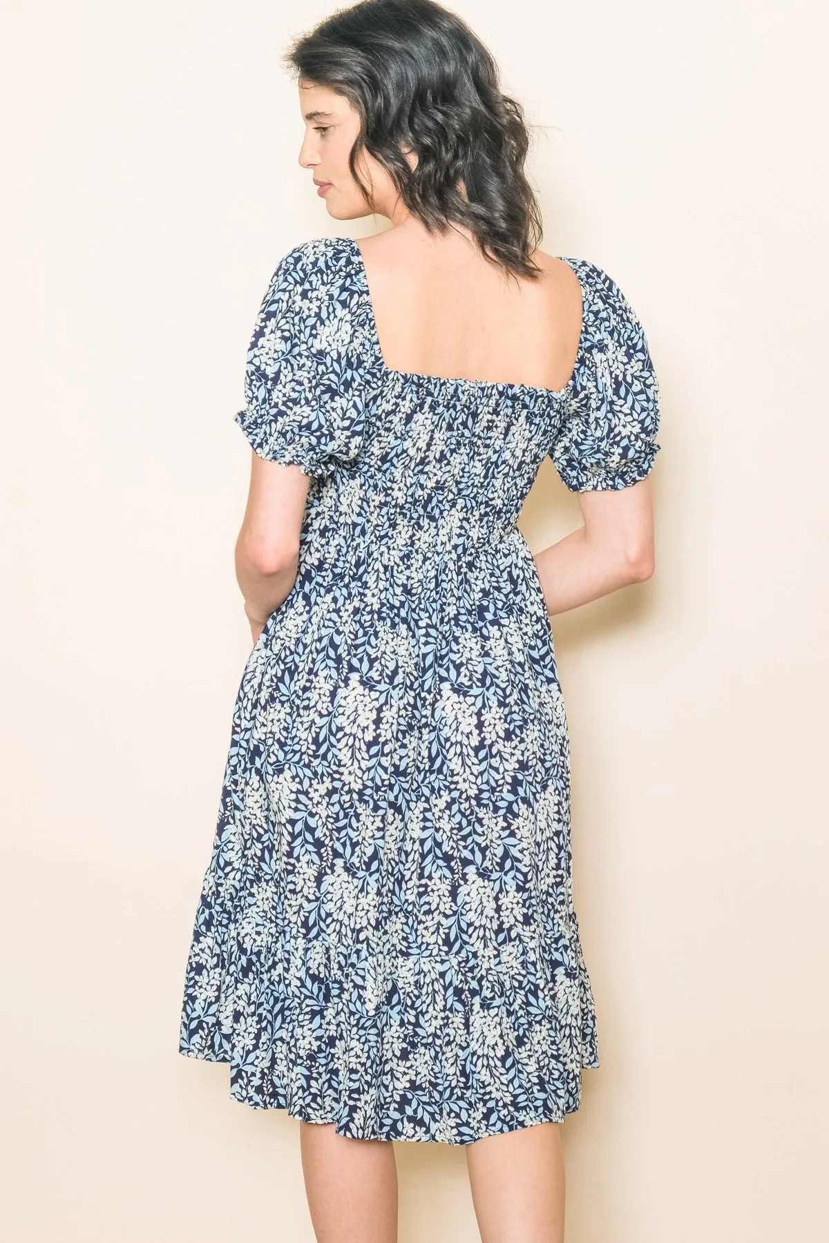 Navy Blue Floral Puff Sleeve Smocked Chest Dress sold by Pinkblush product image thumbnail 2