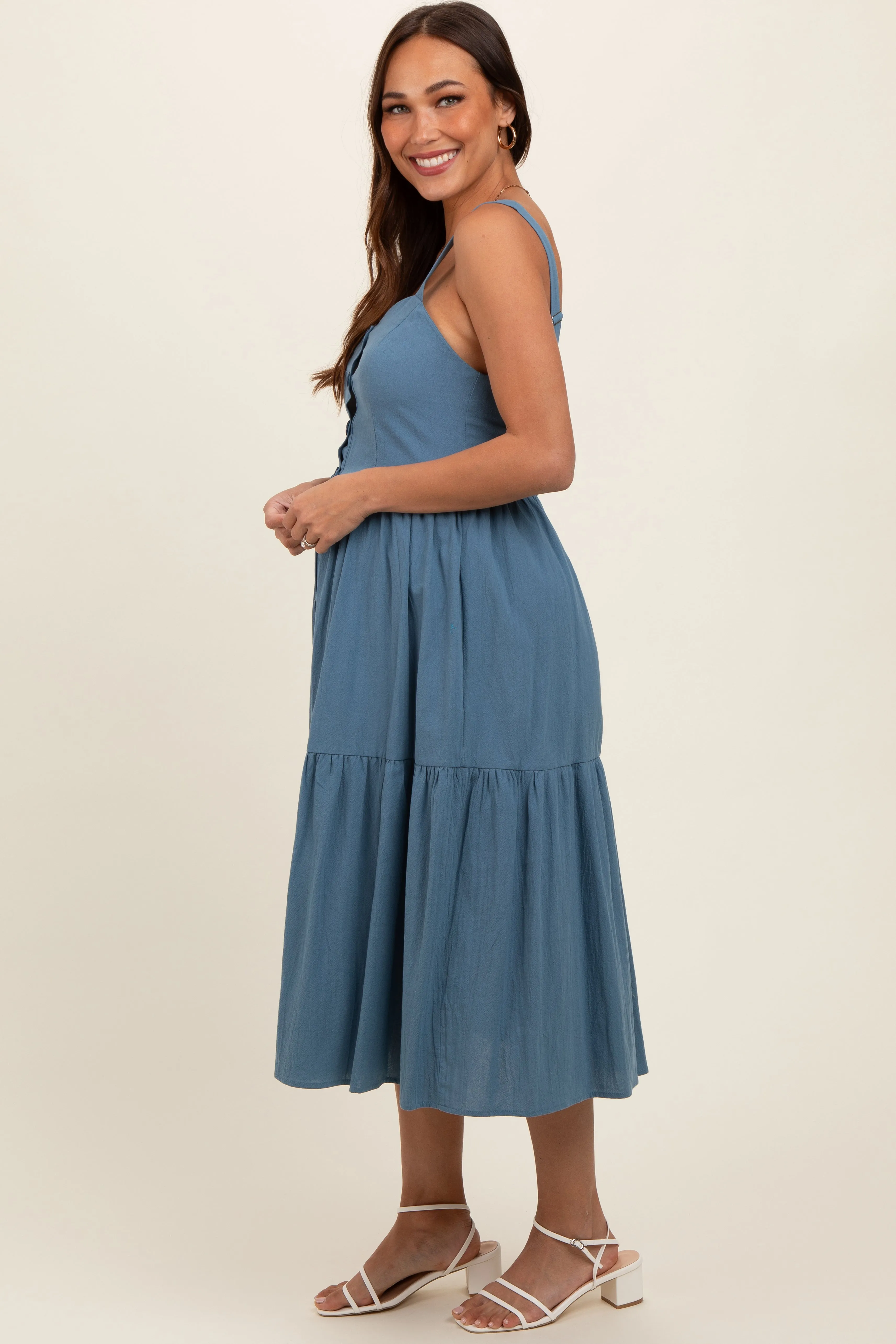 Blue Sweetheart Neck Button Front Tiered Maternity Midi Dress sold by Pinkblush product image thumbnail 4
