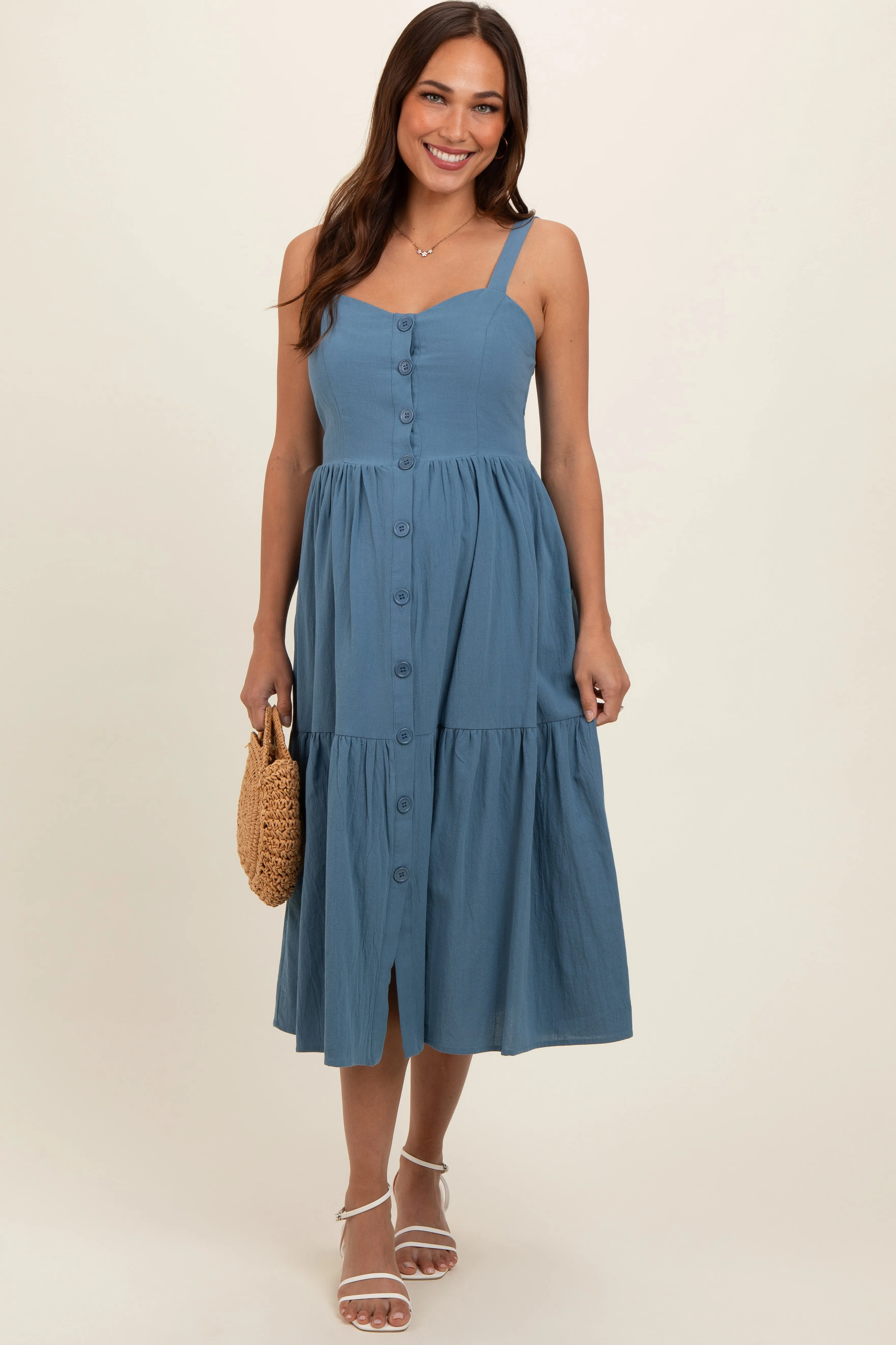 Blue Sweetheart Neck Button Front Tiered Maternity Midi Dress sold by Pinkblush