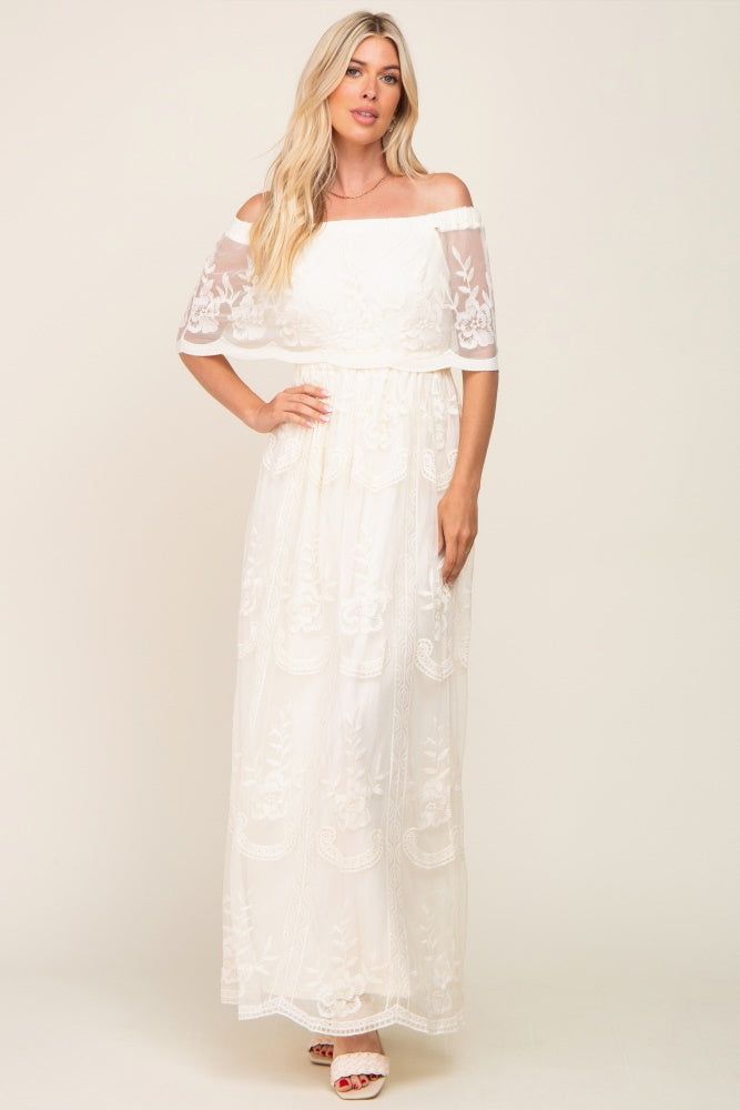 Cream Lace Mesh Overlay Off Shoulder Maternity Maxi Dress sold by Pinkblush product image thumbnail 5