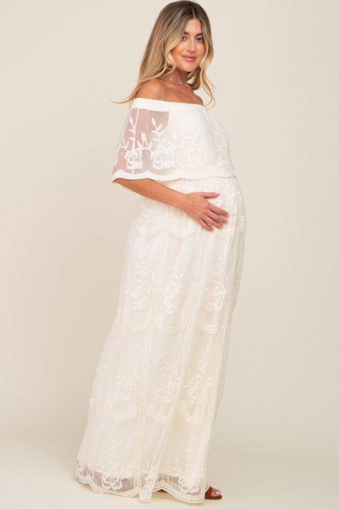 Cream Lace Mesh Overlay Off Shoulder Maternity Maxi Dress sold by Pinkblush product image thumbnail 2