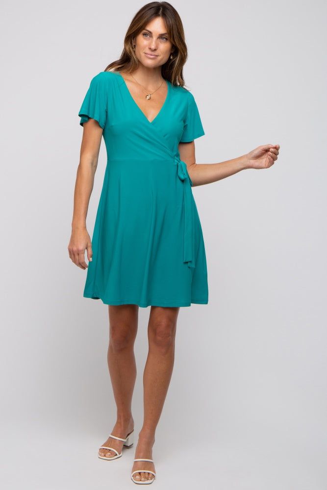 Teal Wrap V-Neck Short Sleeve Dress sold by Pinkblush