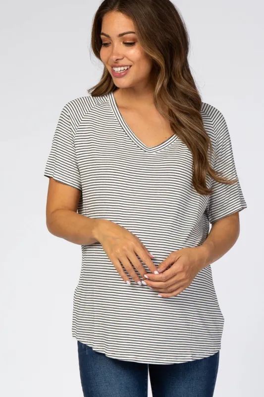 White Striped V-Neck Maternity Short Sleeve Top sold by Pinkblush