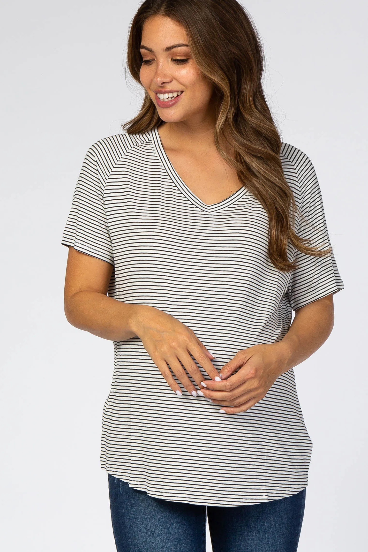 White Striped V-Neck Maternity Short Sleeve Top sold by Pinkblush