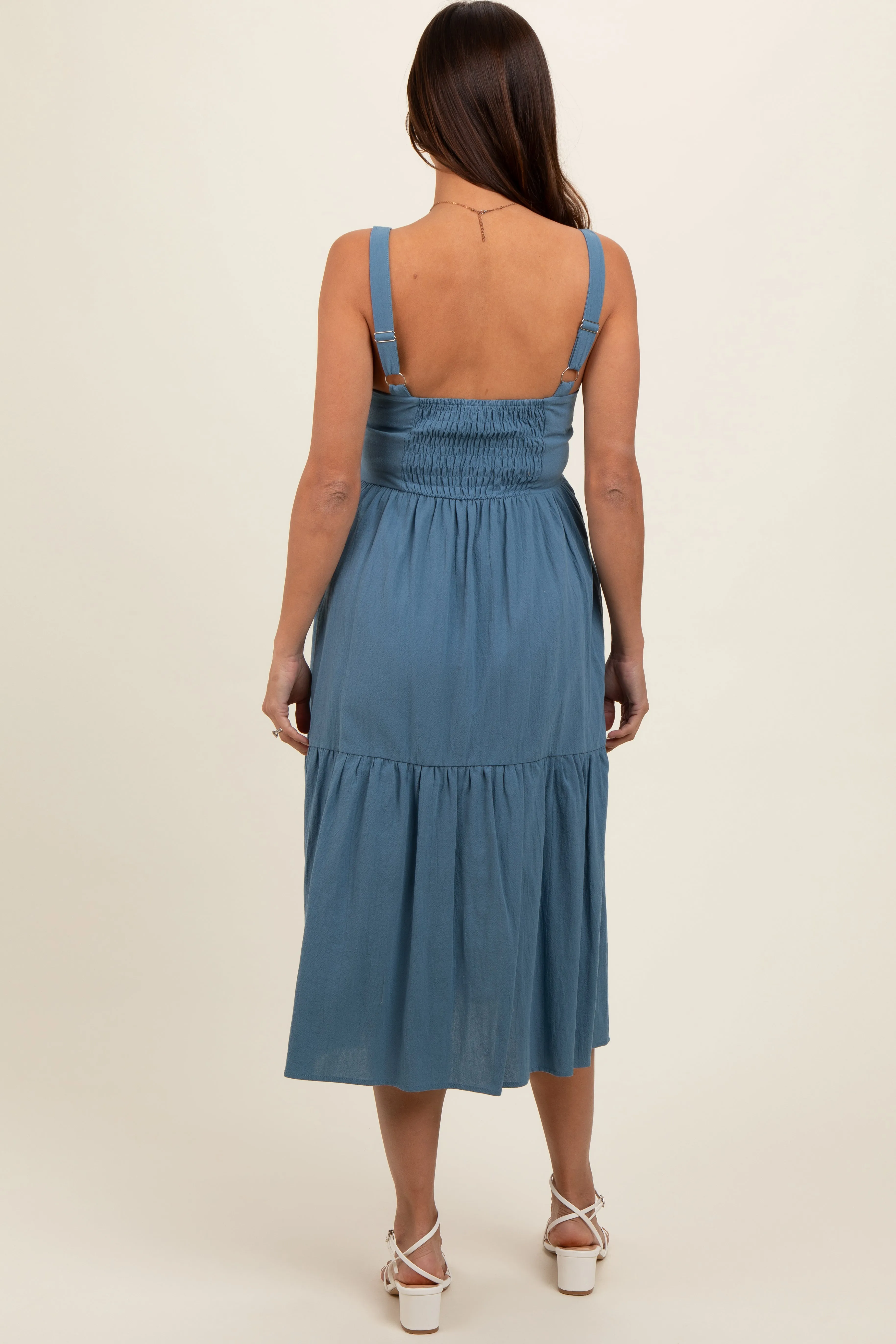 Blue Sweetheart Neck Button Front Tiered Maternity Midi Dress sold by Pinkblush product image thumbnail 5