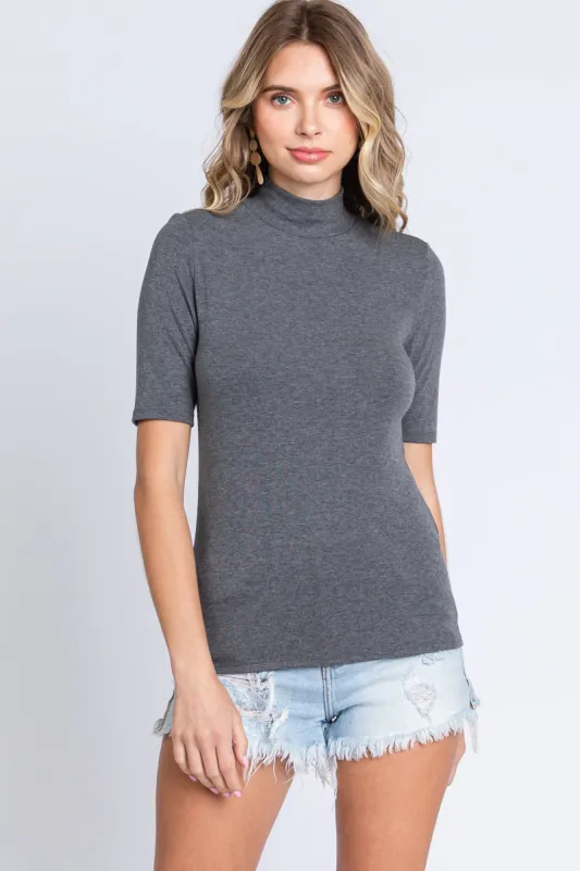 Charcoal Short Sleeve Turtleneck Top sold by Pinkblush