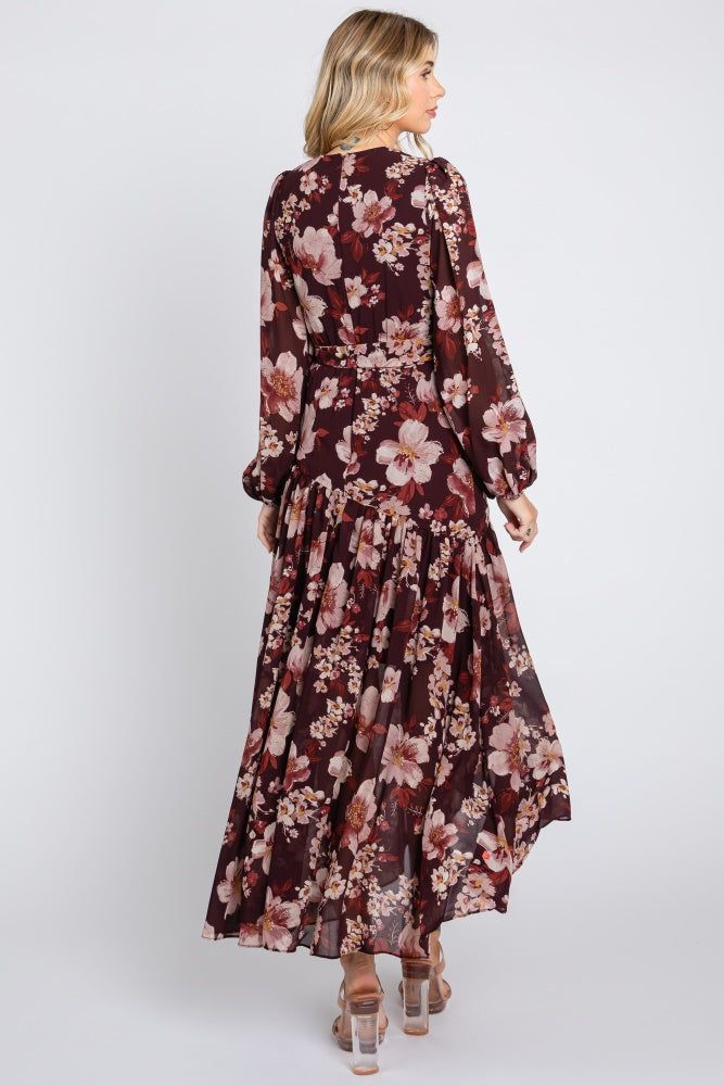 Burgundy Floral Chiffon Wrap Front Ruffle Midi Dress sold by Pinkblush product image thumbnail 4