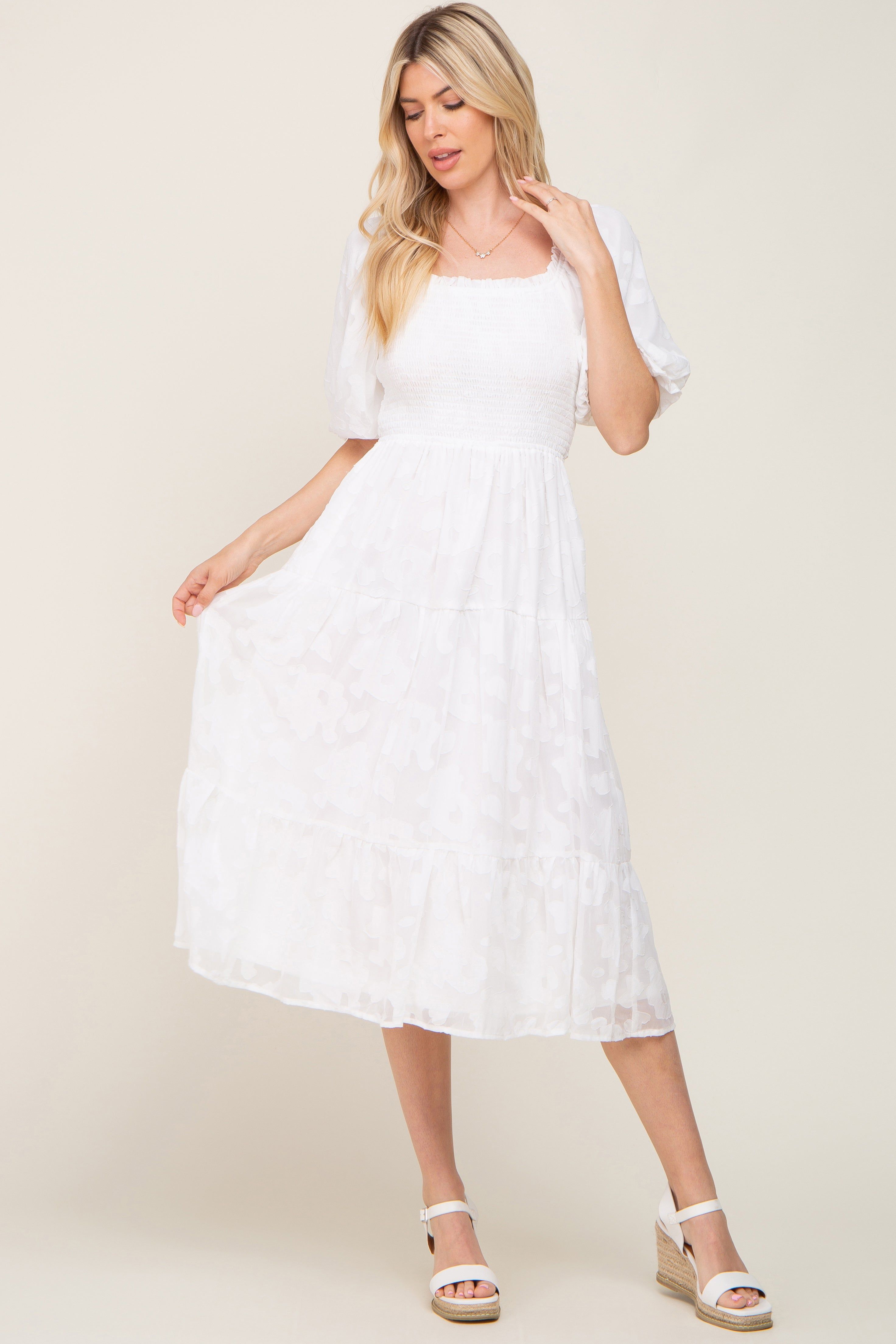 Ivory Floral Textured Tiered Maternity Midi Dress sold by Pinkblush product image thumbnail 5