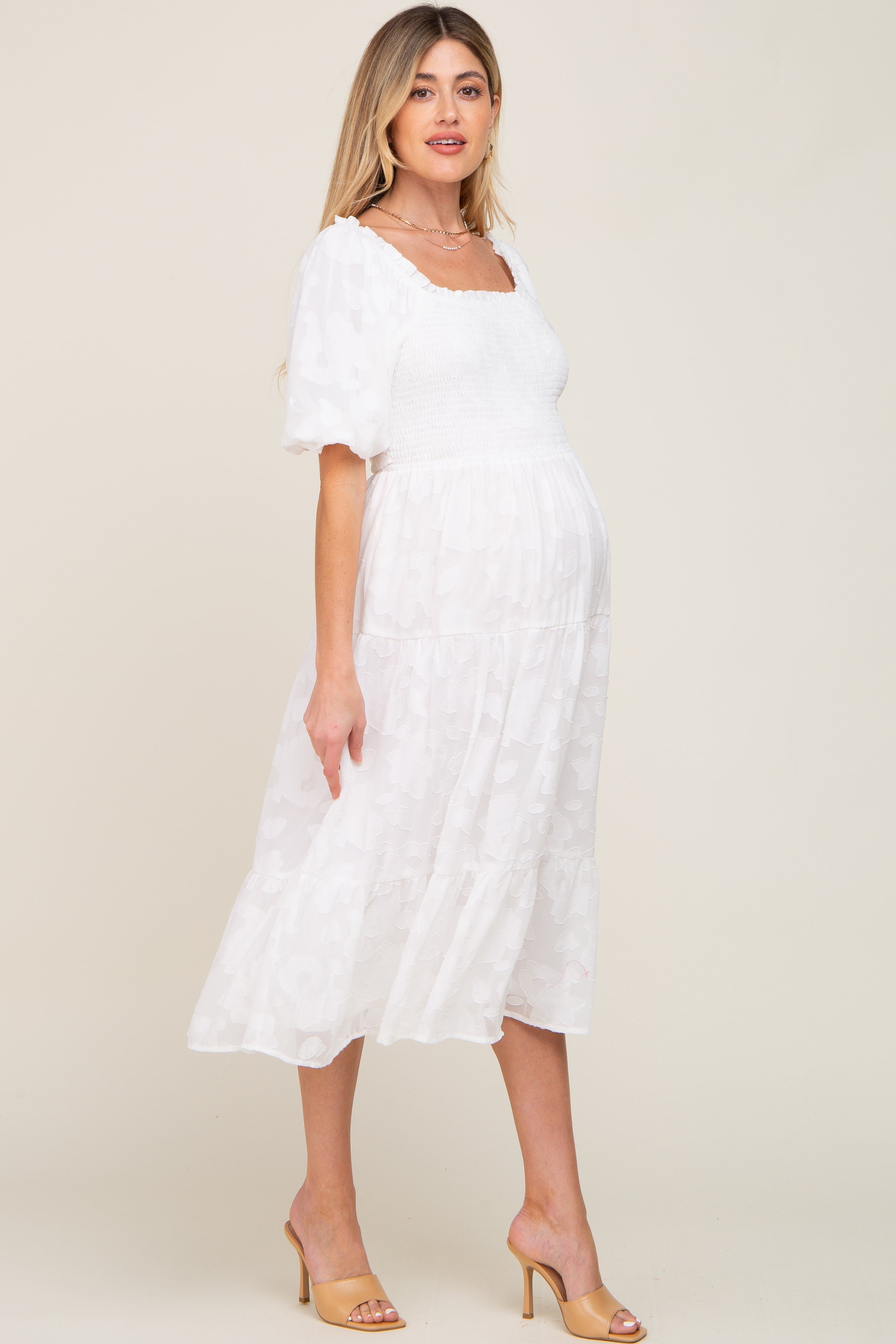 Ivory Floral Textured Tiered Maternity Midi Dress sold by Pinkblush product image thumbnail 2