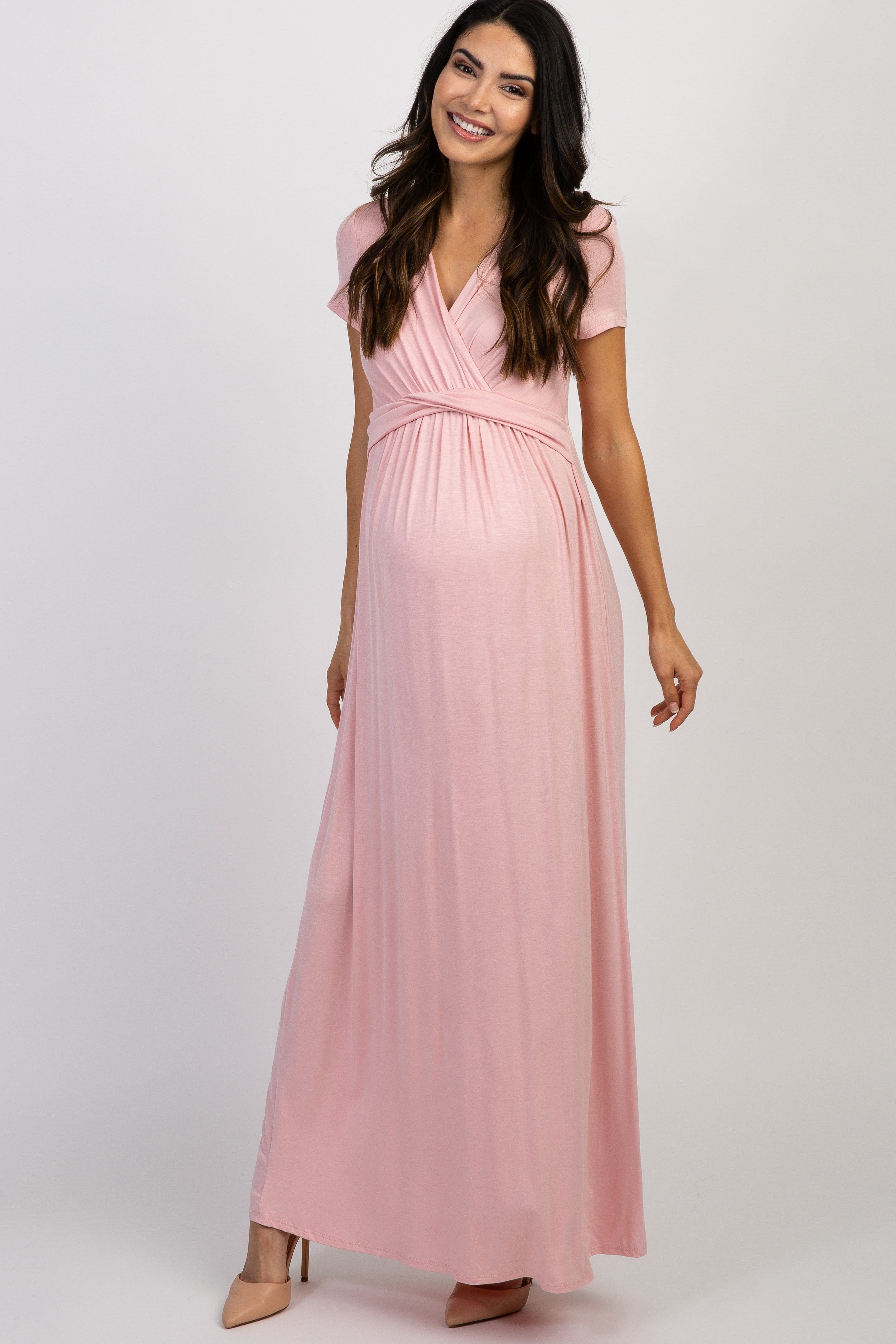 Tall Pink Draped Maternity/Nursing Maxi Dress sold by Pinkblush