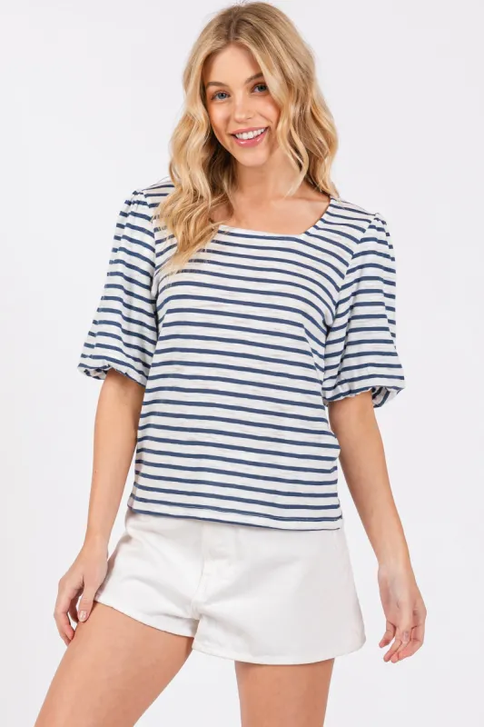 Navy Striped Puff Sleeve Top sold by Pinkblush