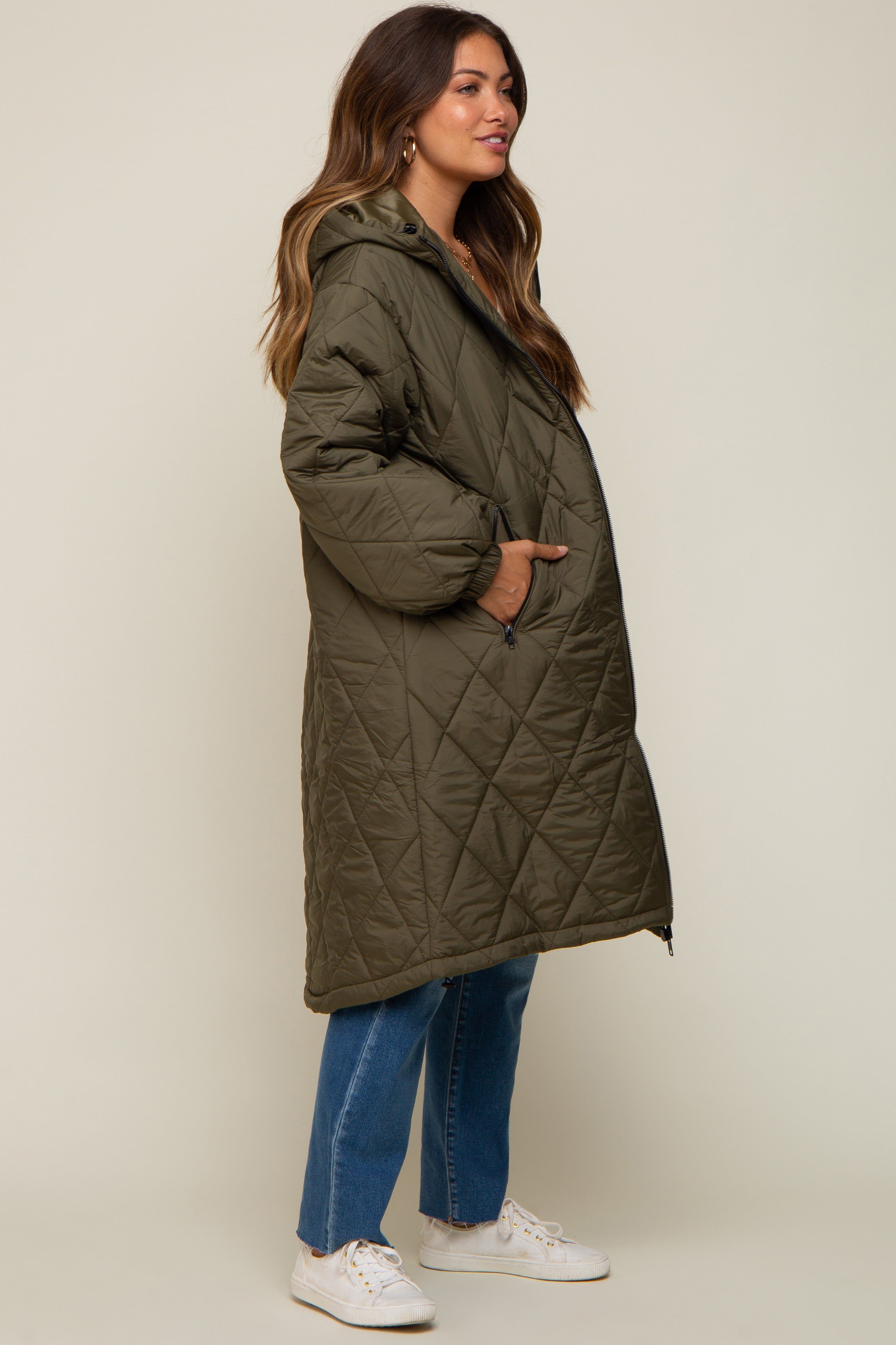 Olive Quilted Long Maternity Puffer Jacket sold by Pinkblush product image thumbnail 2