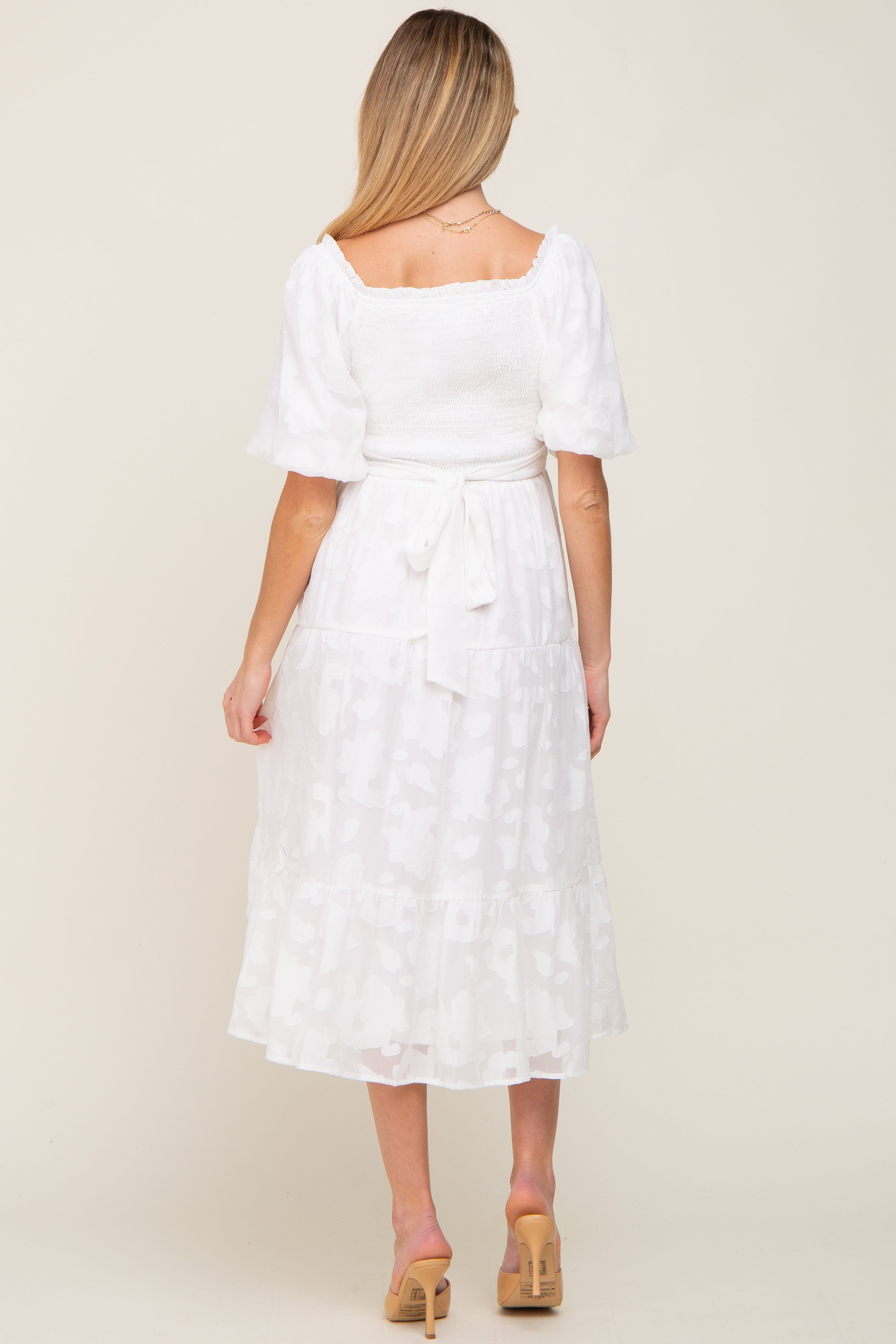 Ivory Floral Textured Tiered Maternity Midi Dress sold by Pinkblush product image thumbnail 3