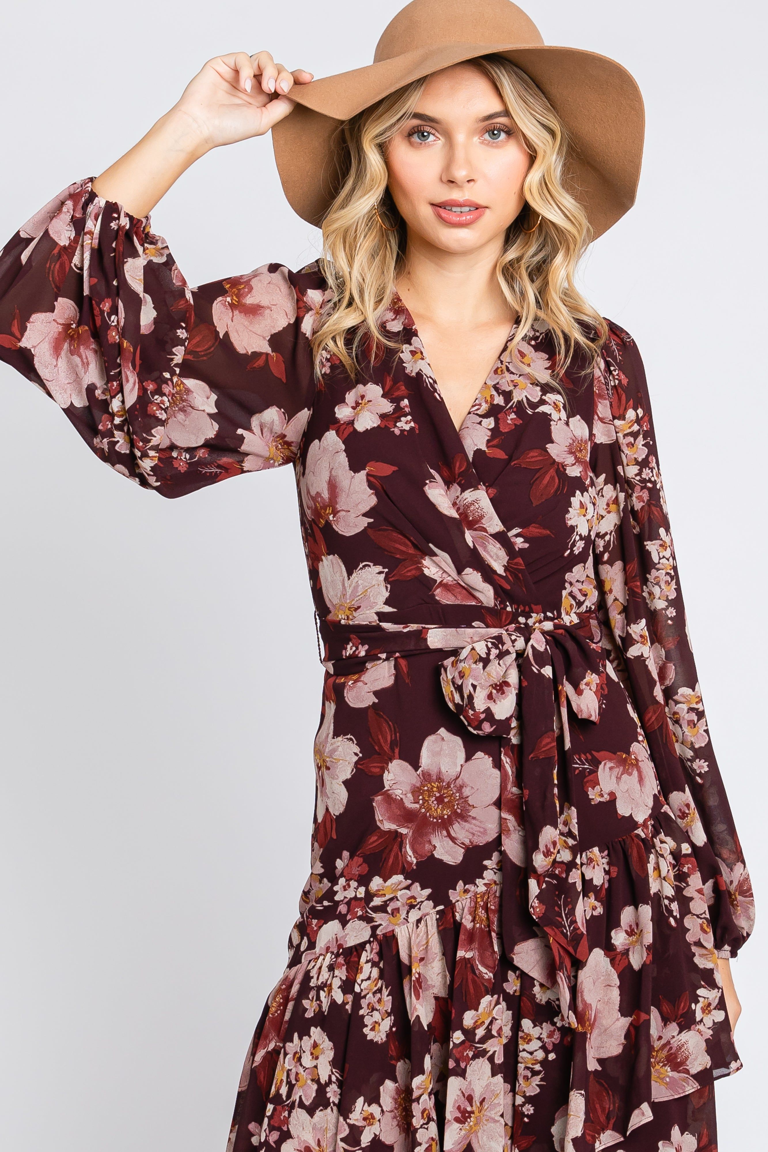 Burgundy Floral Chiffon Wrap Front Ruffle Midi Dress sold by Pinkblush product image thumbnail 5