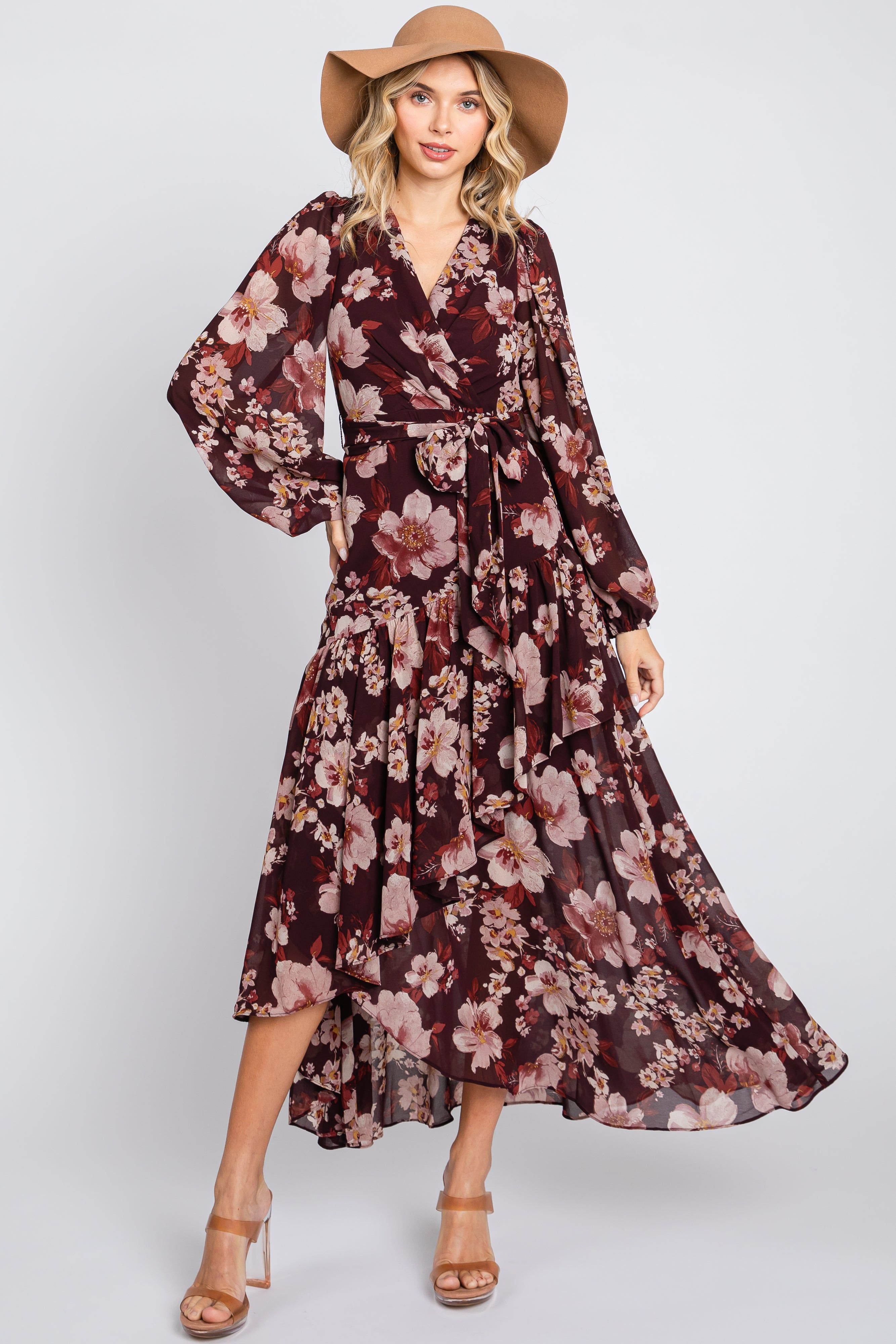 Burgundy Floral Chiffon Wrap Front Ruffle Midi Dress sold by Pinkblush product image thumbnail 2