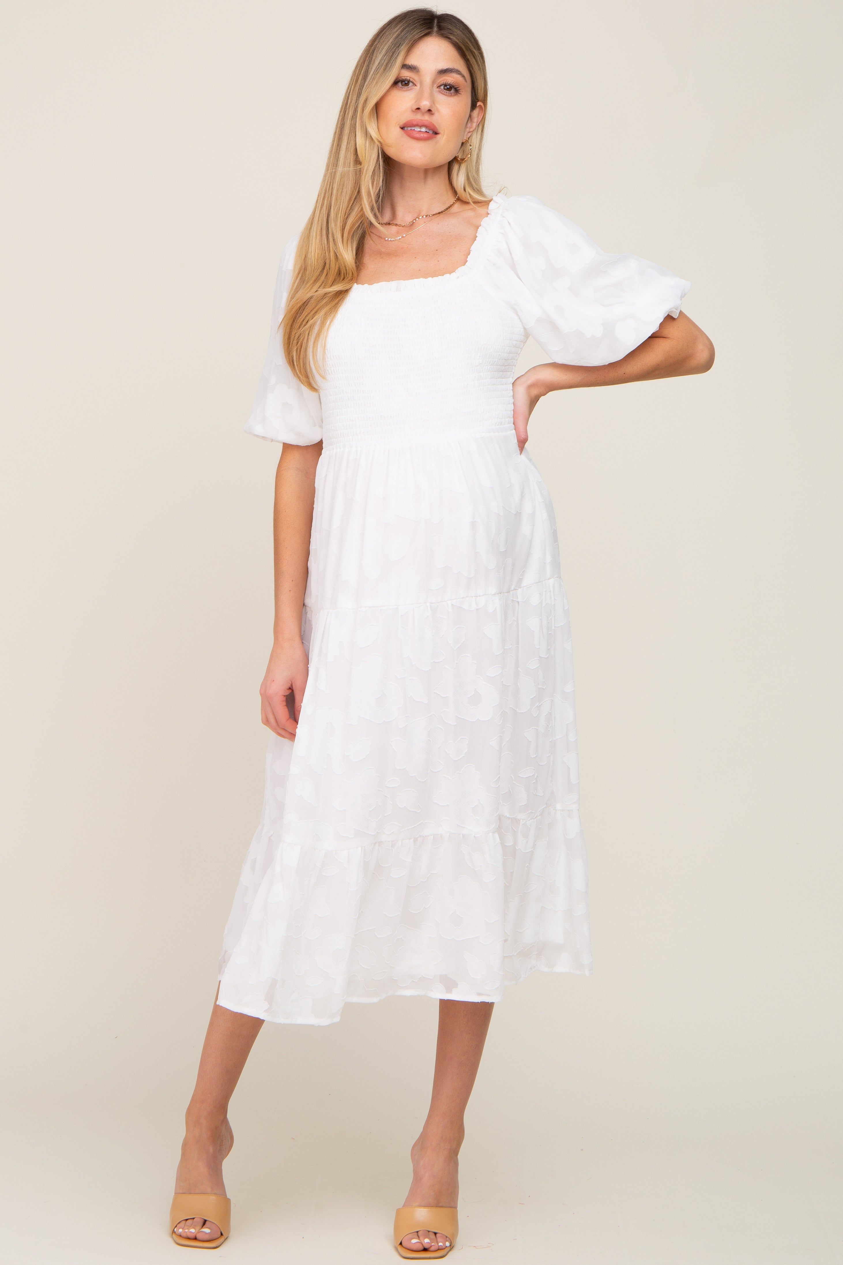 Ivory Floral Textured Tiered Maternity Midi Dress sold by Pinkblush product image thumbnail 4