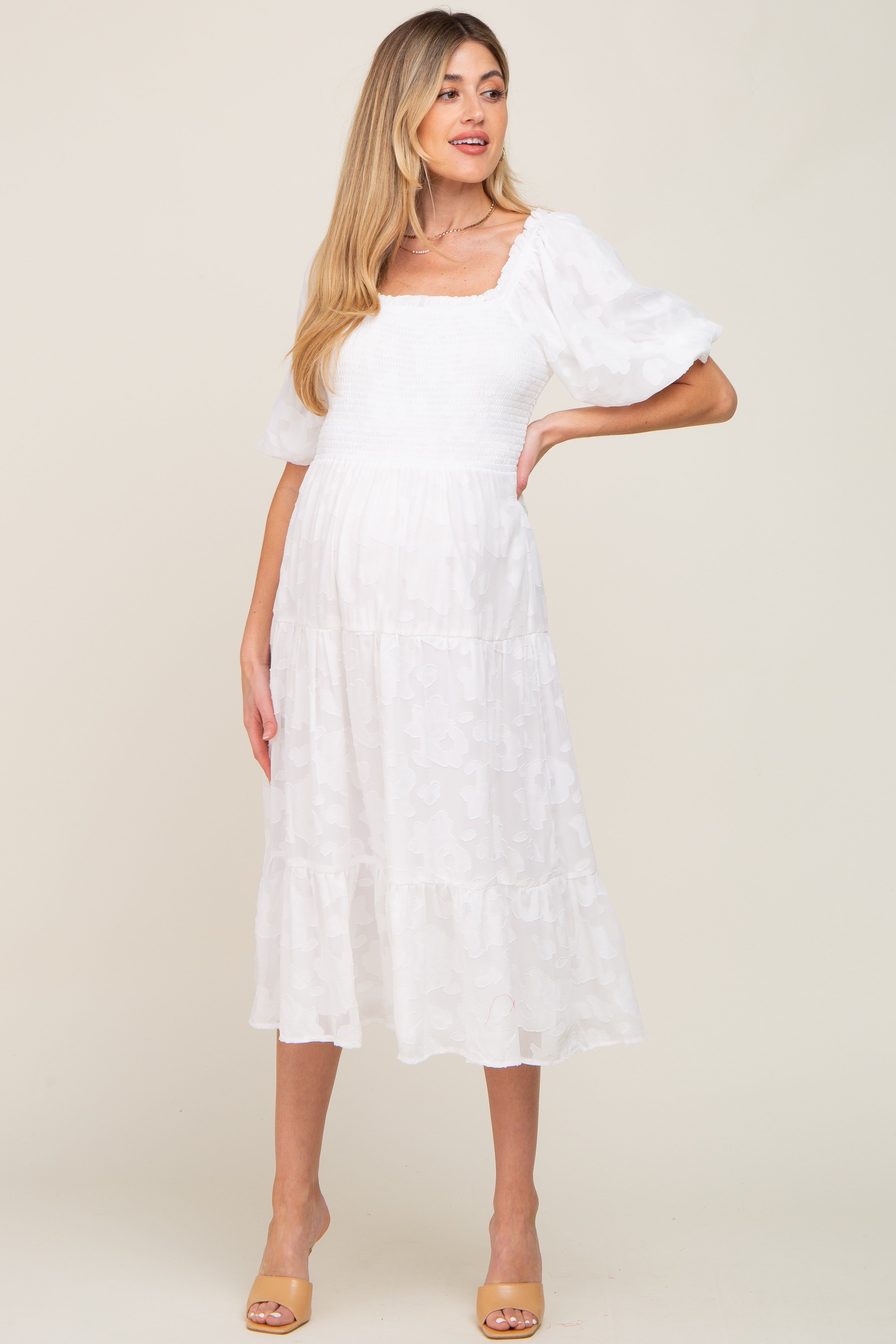 Ivory Floral Textured Tiered Maternity Midi Dress sold by Pinkblush