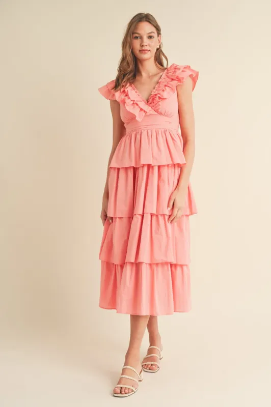 Papaya Layered Ruffle Trim Midi Dress sold by Pinkblush
