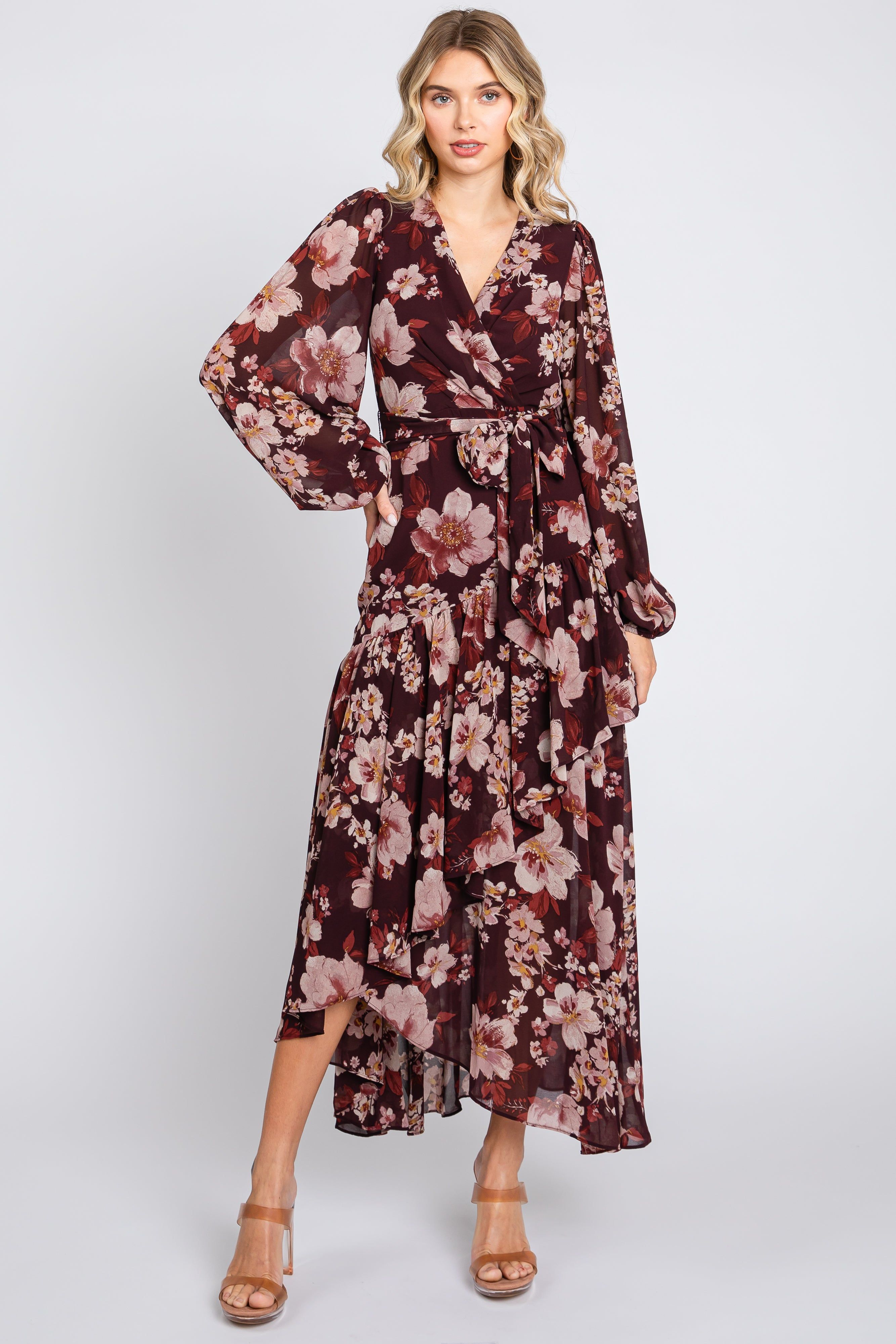 Burgundy Floral Chiffon Wrap Front Ruffle Midi Dress sold by Pinkblush product image thumbnail 3