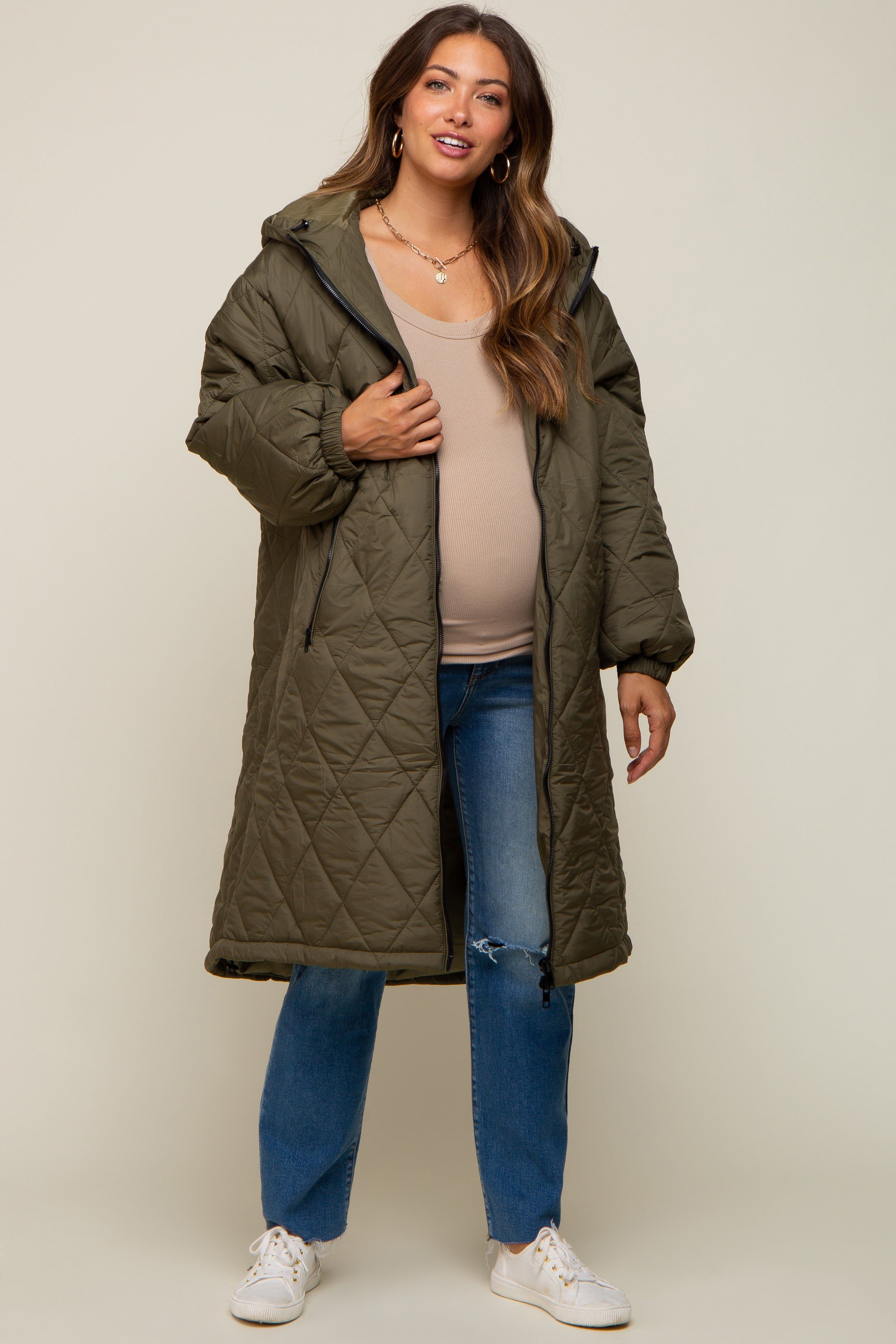 Olive Quilted Long Maternity Puffer Jacket sold by Pinkblush product image thumbnail 4