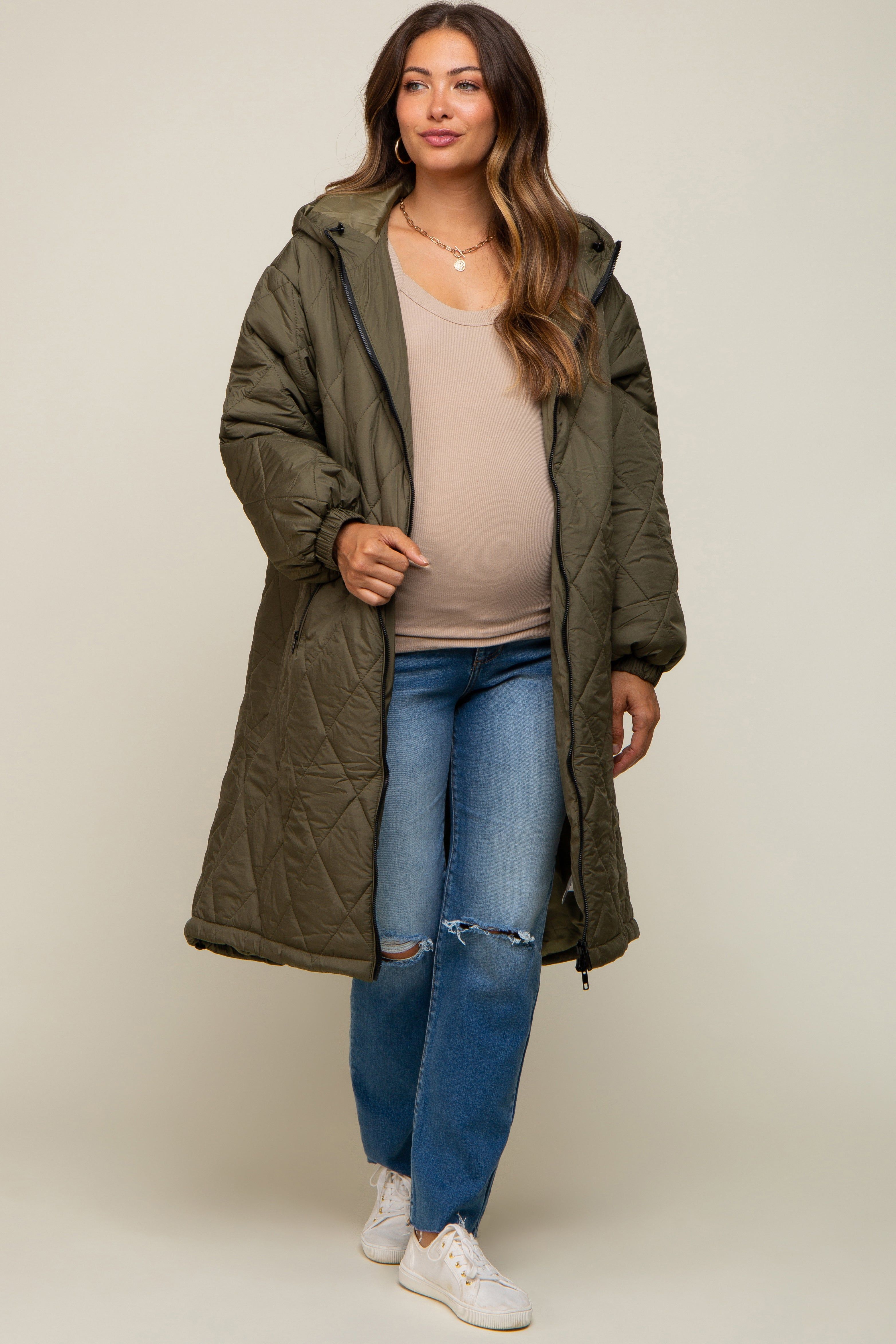 Olive Quilted Long Maternity Puffer Jacket sold by Pinkblush