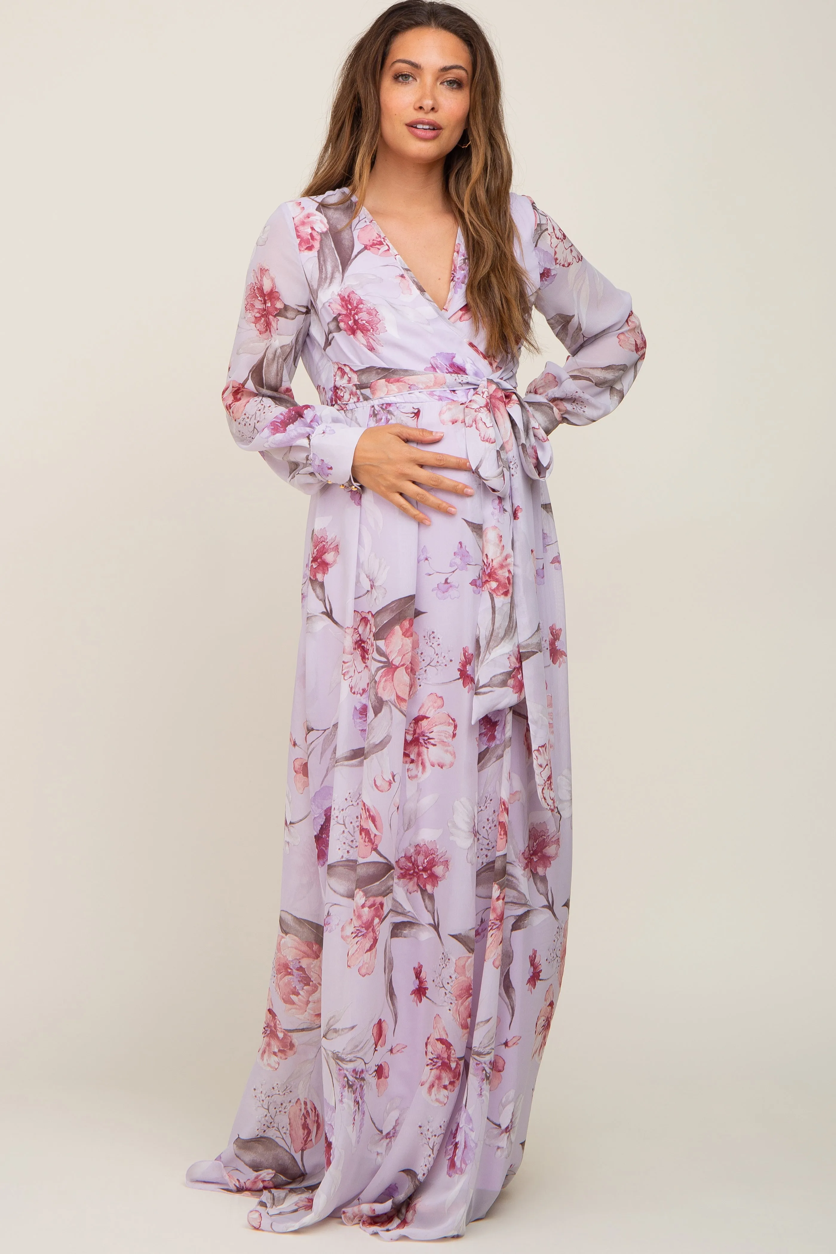 Lavender Floral Chiffon Long Sleeve Maternity Maxi Dress sold by Pinkblush product image thumbnail 4