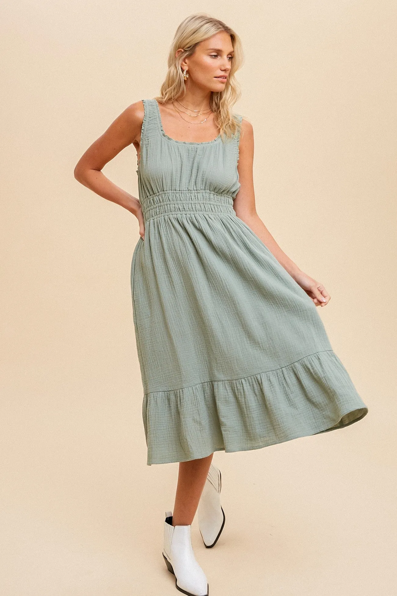 Light Olive Gauze Smocked Waist Lettuce Trim Maternity Midi Dress sold by Pinkblush product image thumbnail 5