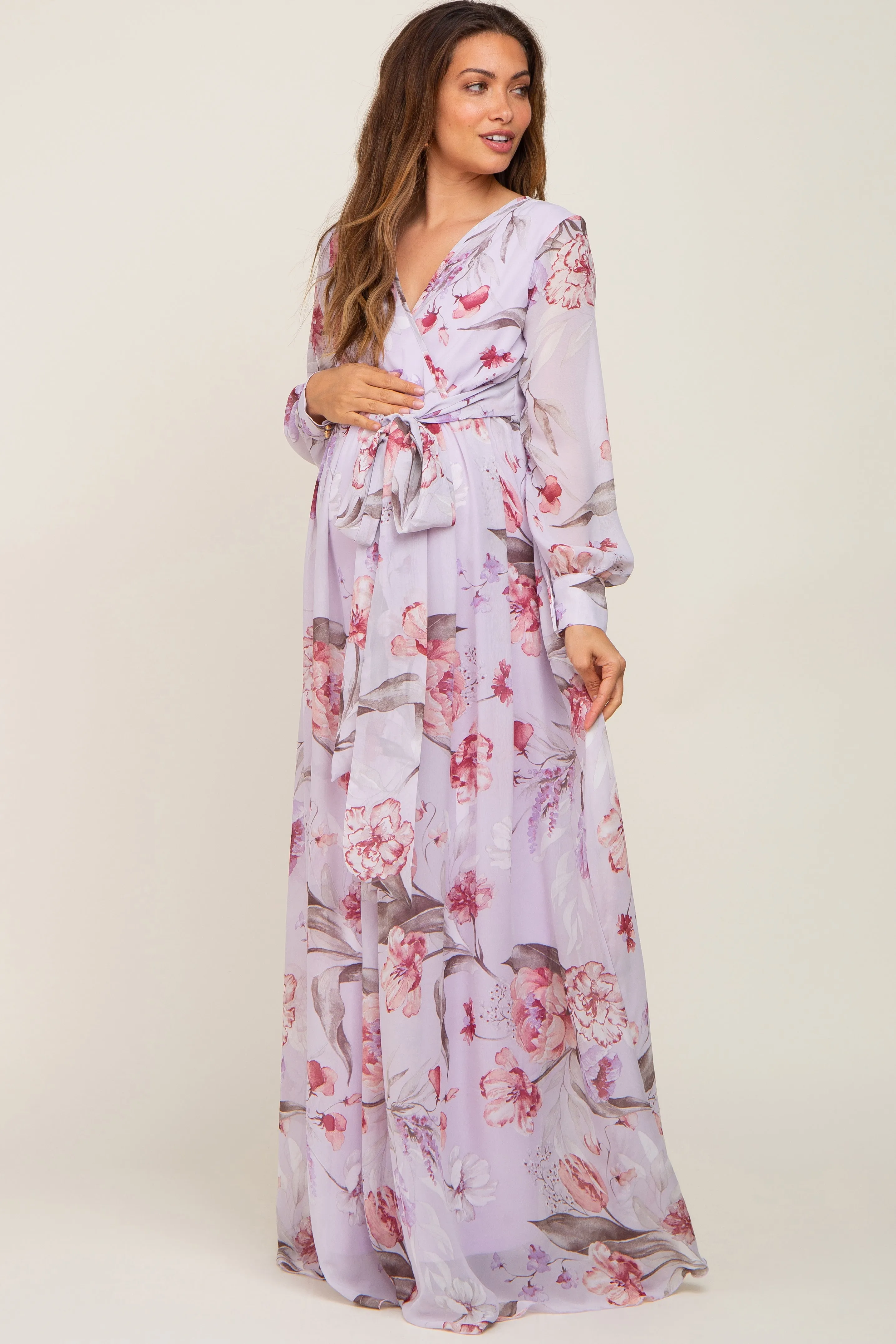 Lavender Floral Chiffon Long Sleeve Maternity Maxi Dress sold by Pinkblush