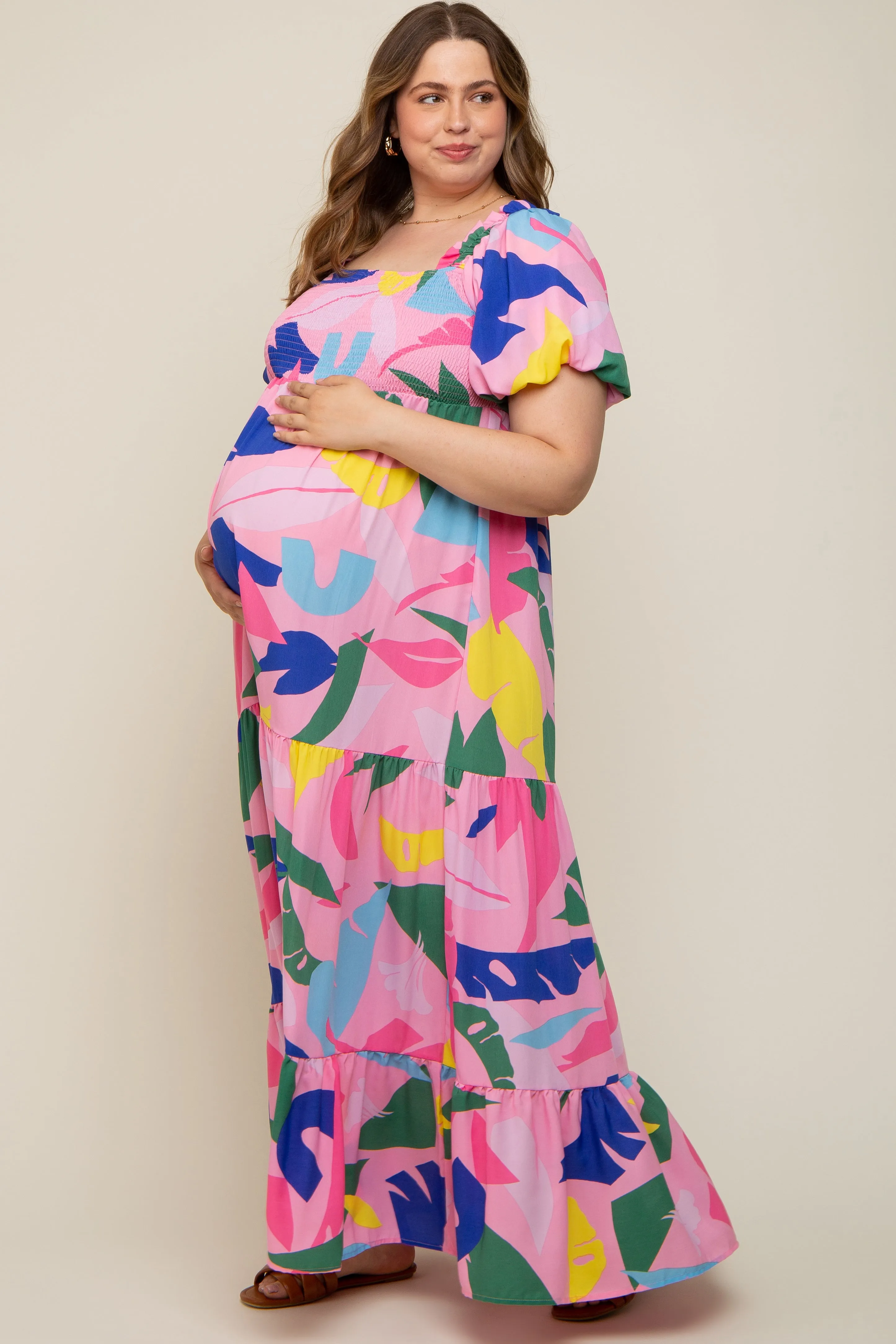 Pink Abstract Print Puff Sleeve Maternity Plus Maxi Dress sold by Pinkblush product image thumbnail 4