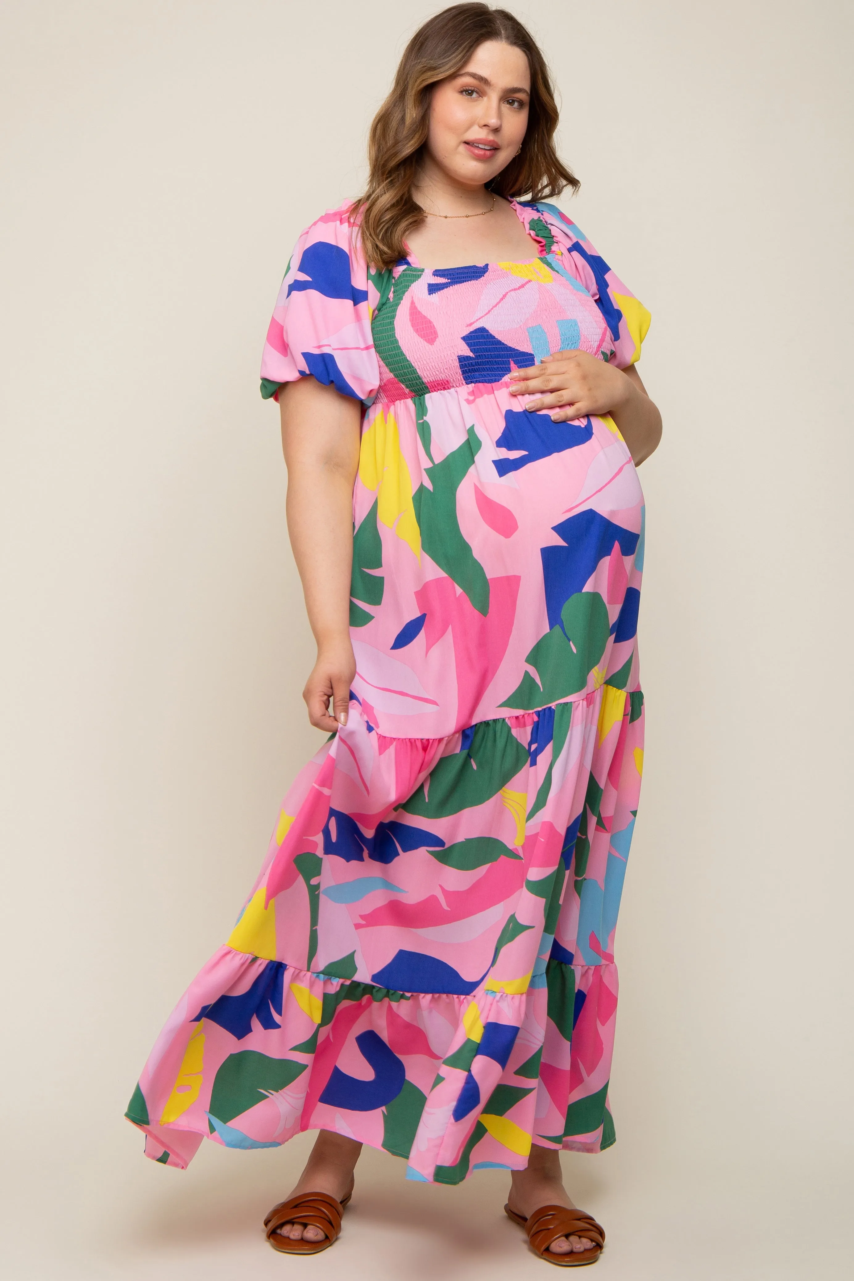 Pink Abstract Print Puff Sleeve Maternity Plus Maxi Dress sold by Pinkblush