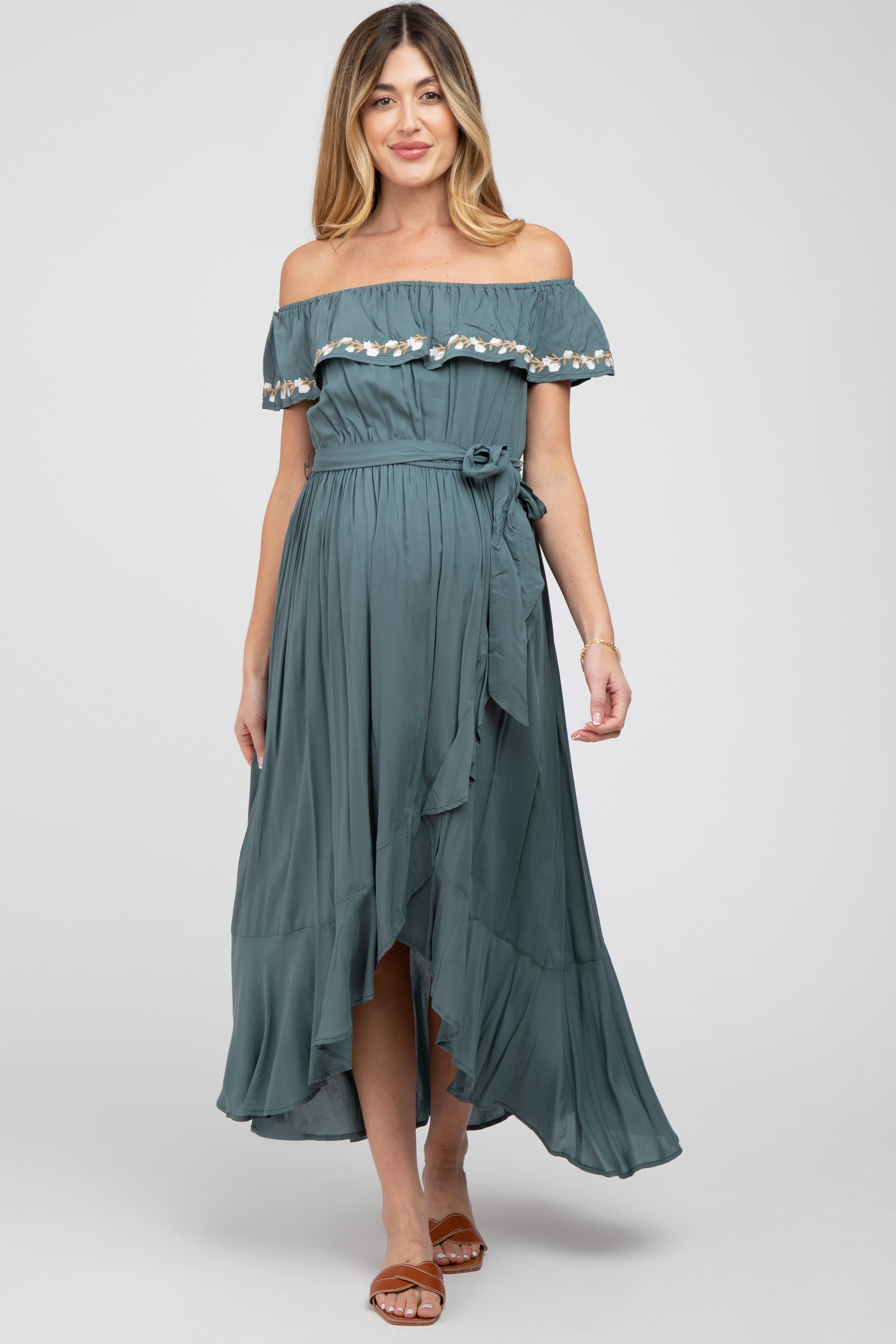 Green Floral Embroidered Off Shoulder Maternity Dress sold by Pinkblush