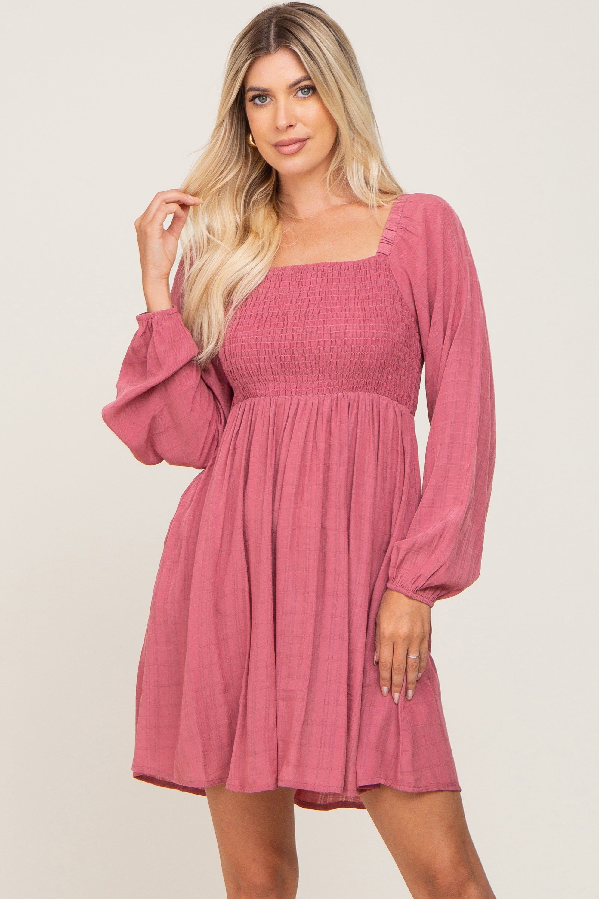 Magenta Smocked Long Sleeve Dress sold by Pinkblush