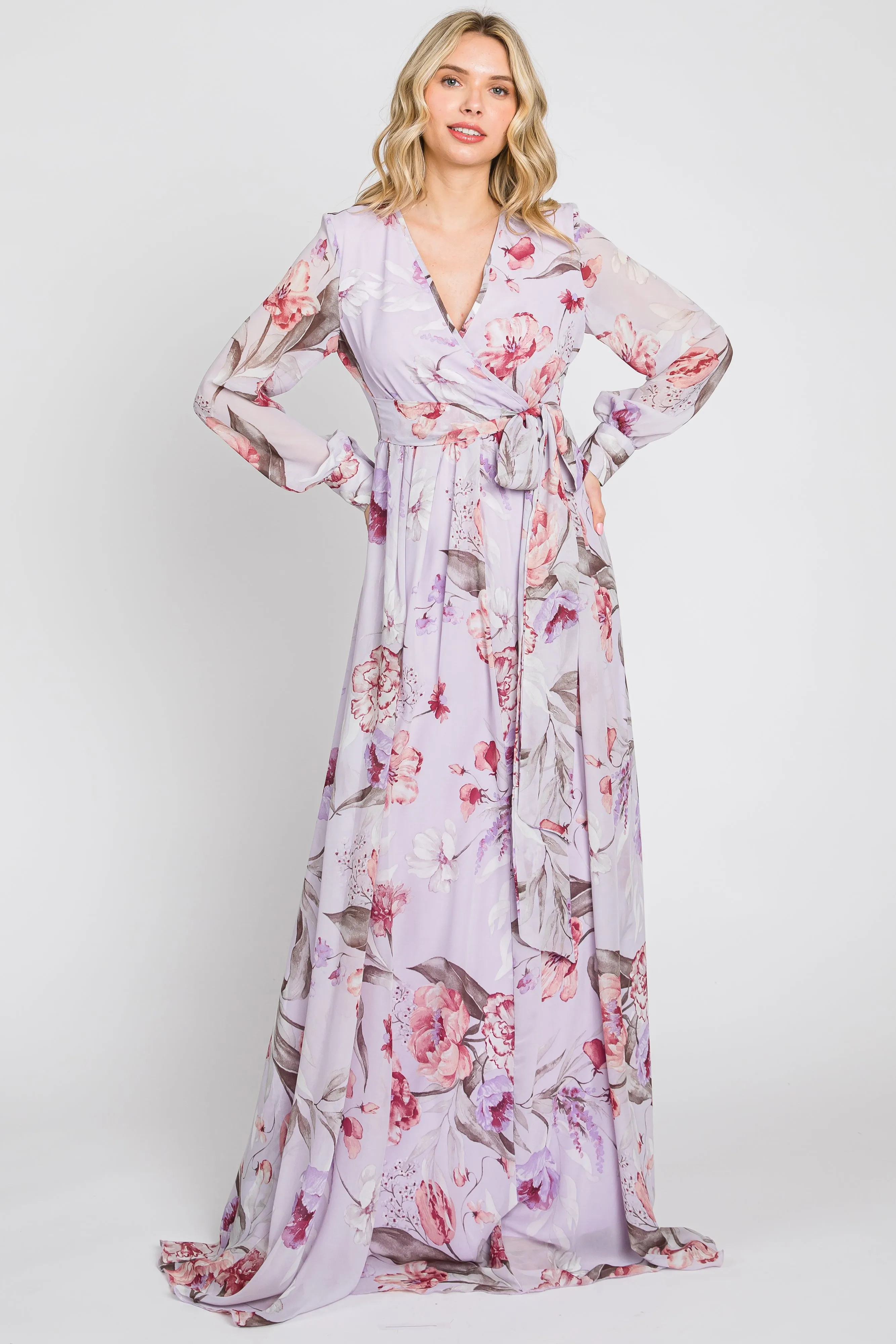 Lavender Floral Chiffon Long Sleeve Maternity Maxi Dress sold by Pinkblush product image thumbnail 5