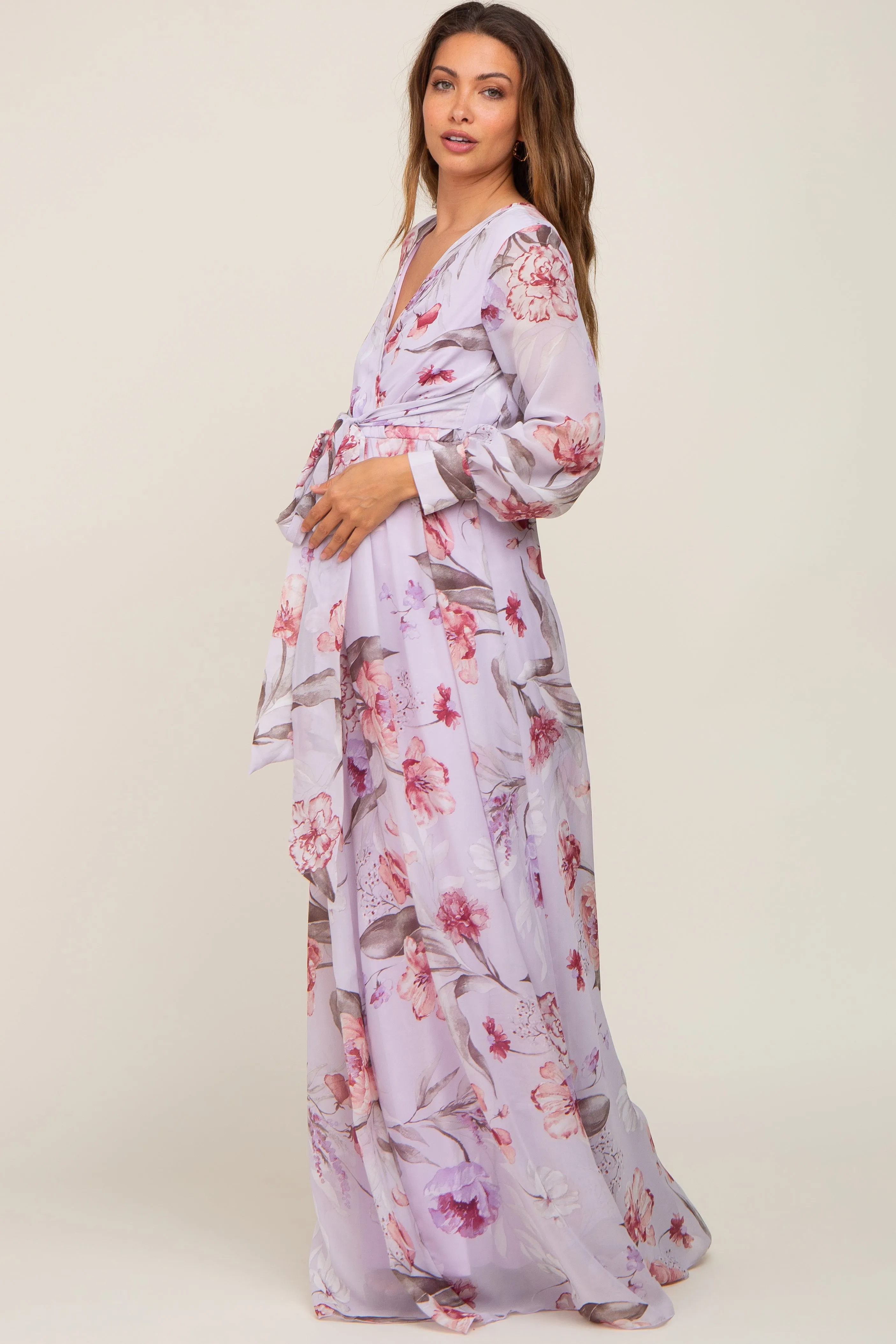 Lavender Floral Chiffon Long Sleeve Maternity Maxi Dress sold by Pinkblush product image thumbnail 2