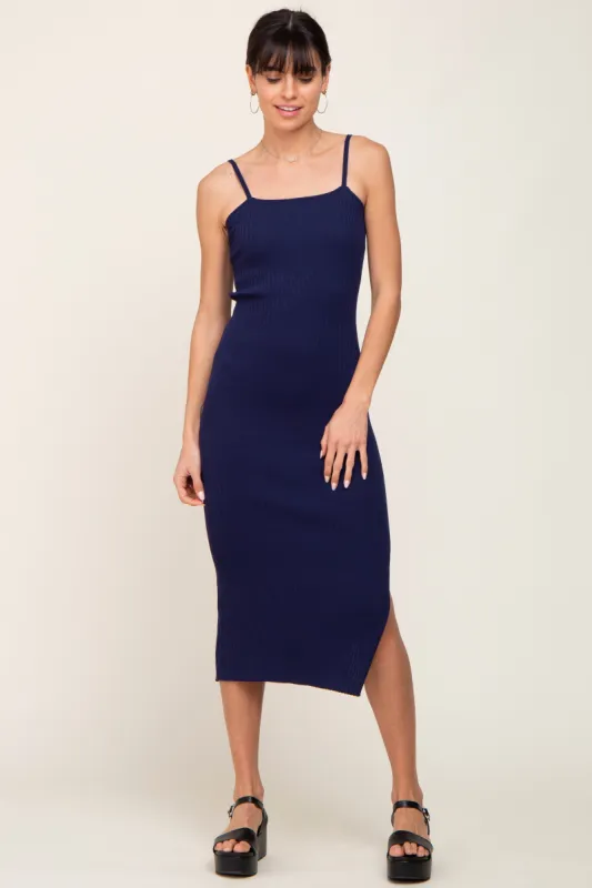 Navy Ribbed Knit Side Slit Midi Dress sold by Pinkblush