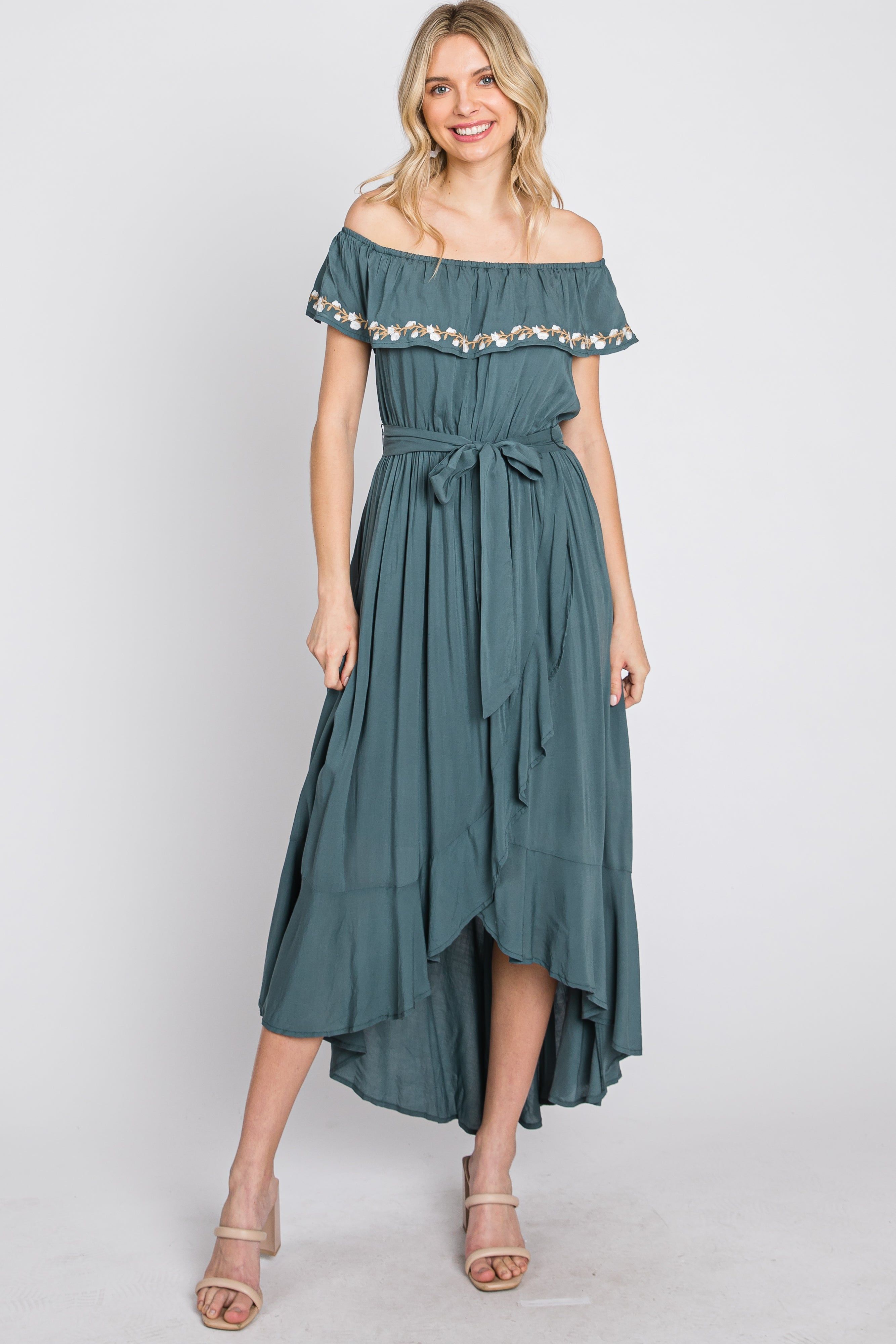 Green Floral Embroidered Off Shoulder Maternity Dress sold by Pinkblush product image thumbnail 5