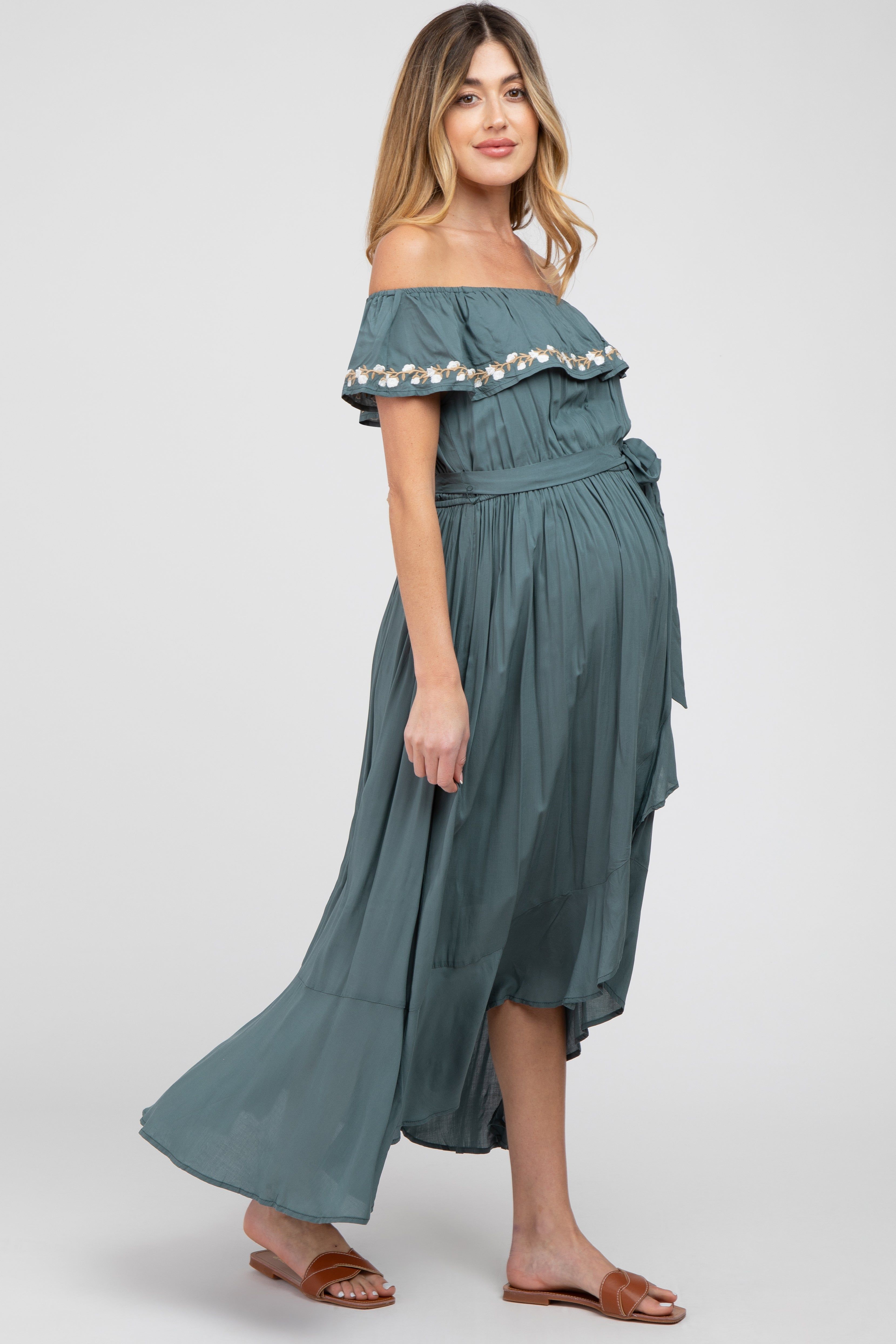 Green Floral Embroidered Off Shoulder Maternity Dress sold by Pinkblush product image thumbnail 2