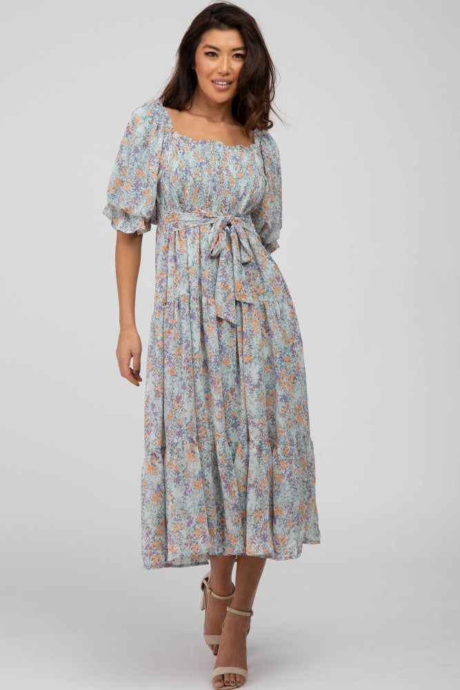 Light Blue Floral Chiffon Smocked Square Neck Midi Dress sold by Pinkblush product image thumbnail 5