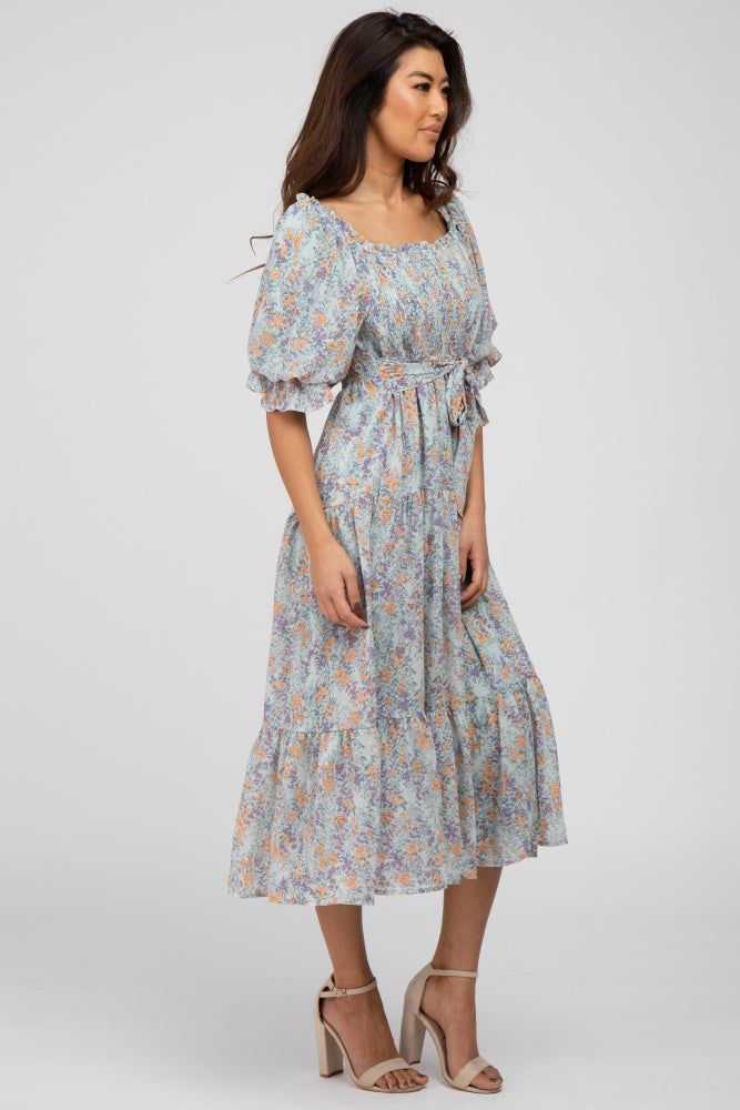Light Blue Floral Chiffon Smocked Square Neck Midi Dress sold by Pinkblush product image thumbnail 2