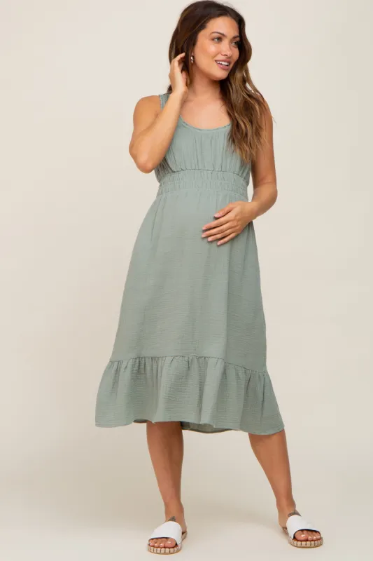 Light Olive Gauze Smocked Waist Lettuce Trim Maternity Midi Dress sold by Pinkblush