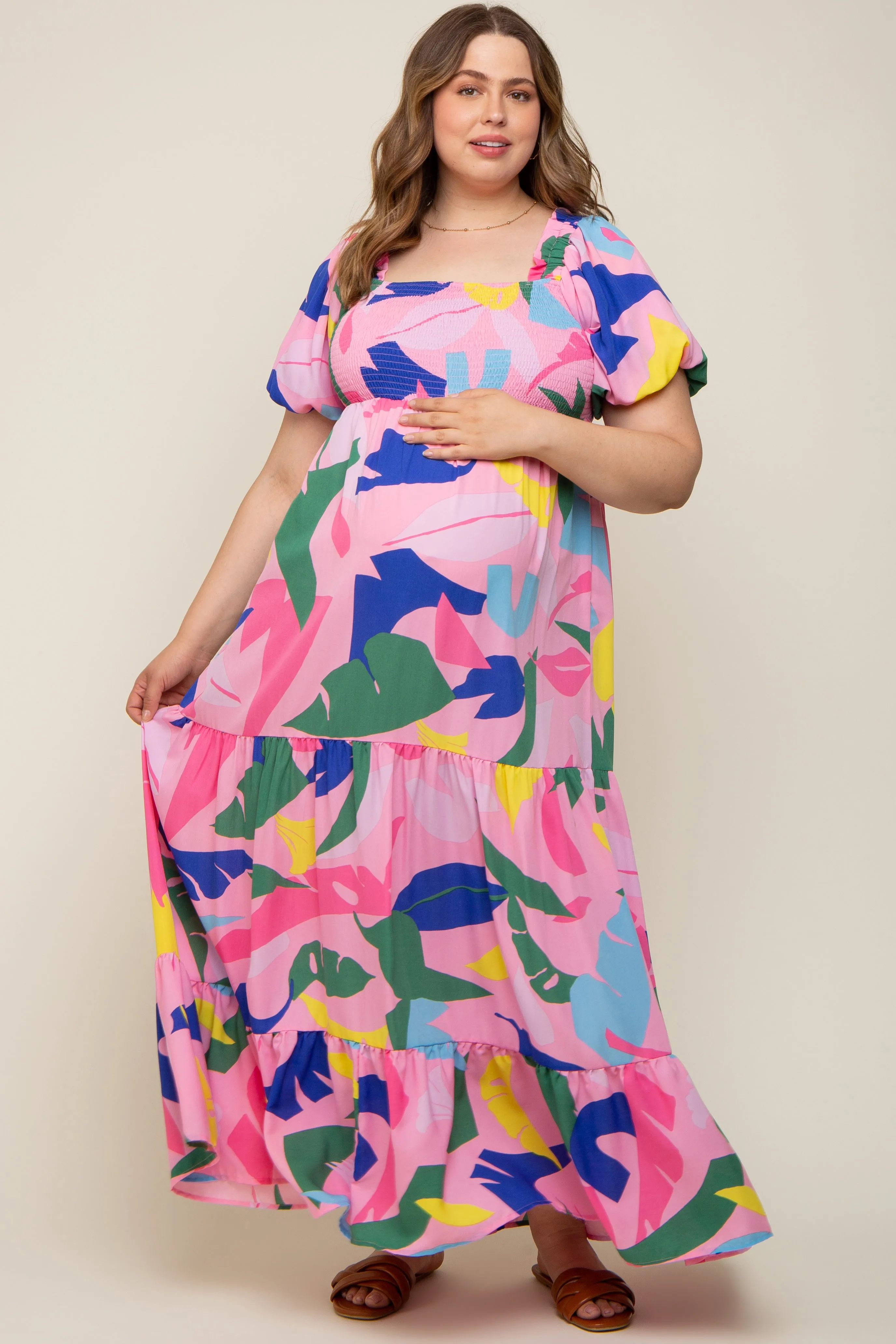 Pink Abstract Print Puff Sleeve Maternity Plus Maxi Dress sold by Pinkblush product image thumbnail 3