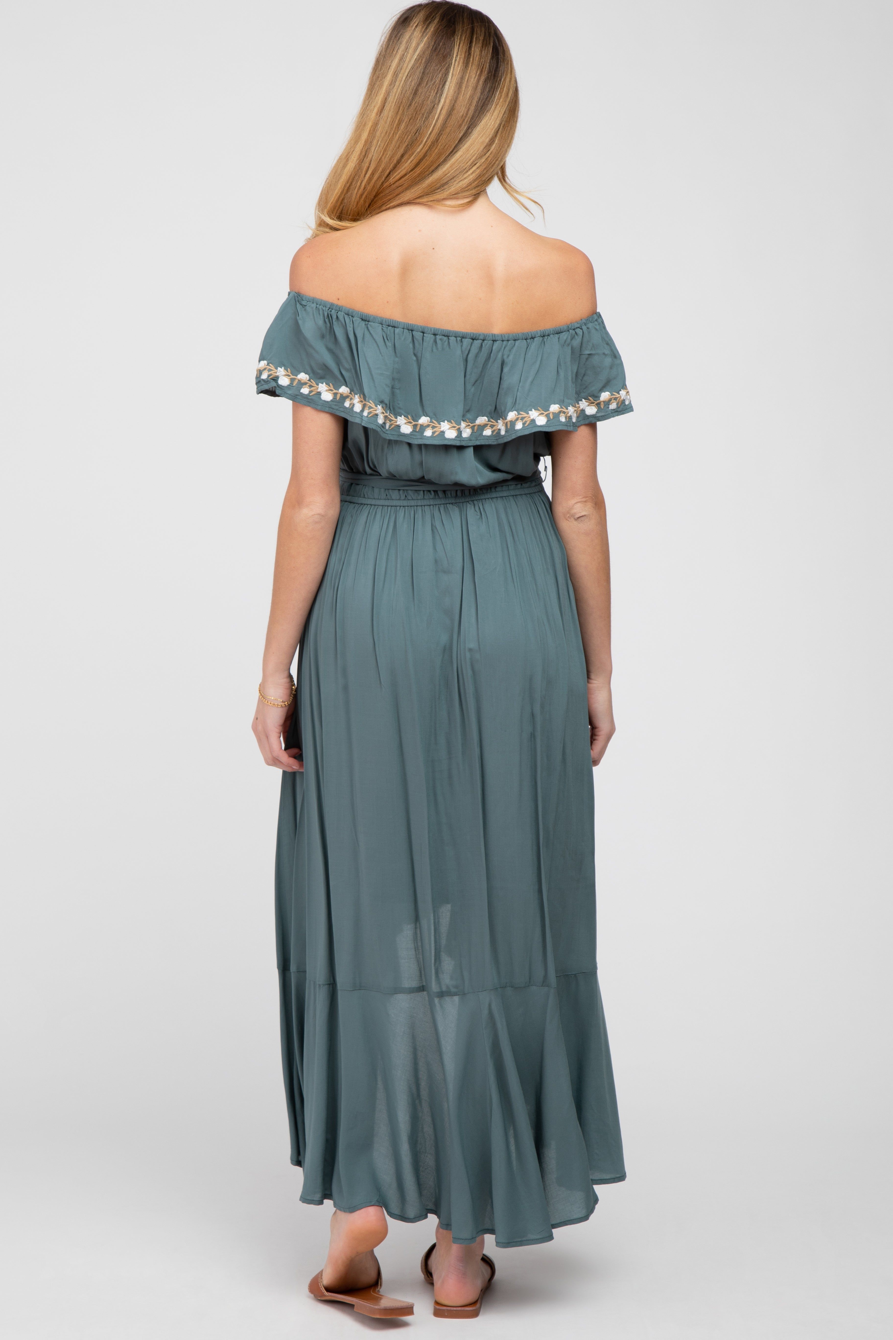 Green Floral Embroidered Off Shoulder Maternity Dress sold by Pinkblush product image thumbnail 3