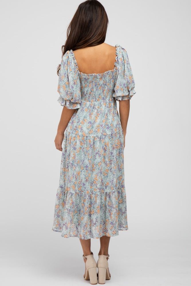 Light Blue Floral Chiffon Smocked Square Neck Midi Dress sold by Pinkblush product image thumbnail 3