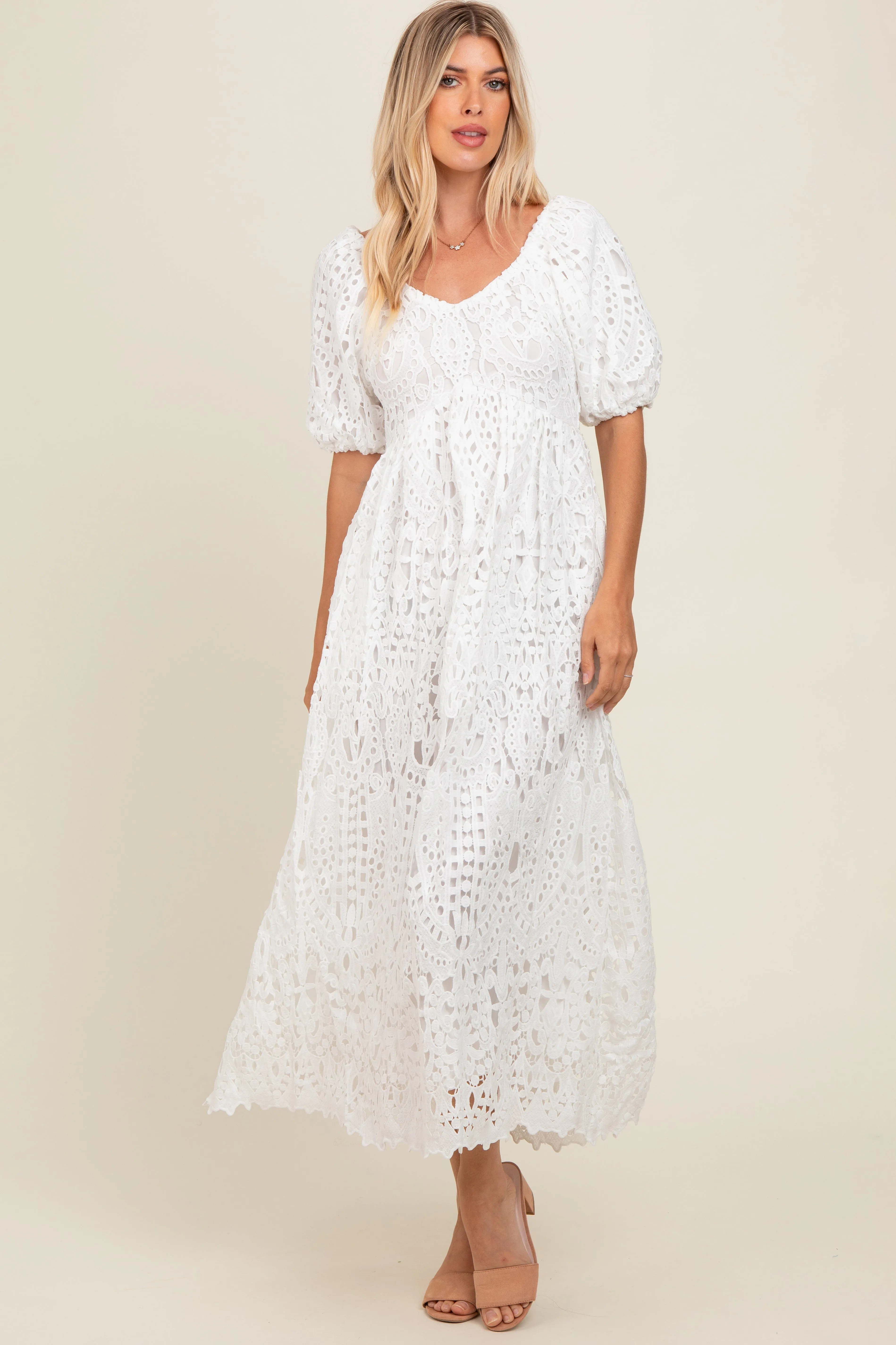 Ivory Eyelet Lace Midi Dress sold by Pinkblush