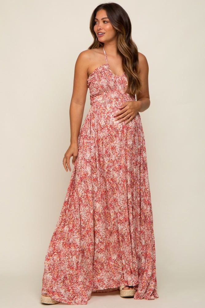 Red Smocked Halter Maternity Midi Dress sold by Pinkblush product image thumbnail 5